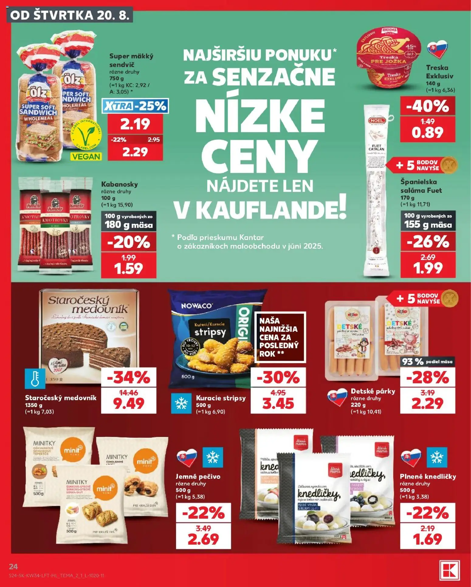 Nové Kaufland akcie – leták je platný od 20.08.2026 | Strana: 24 | Produkty: Medovník, Kuracie stripsy, Párky, Sendvič
