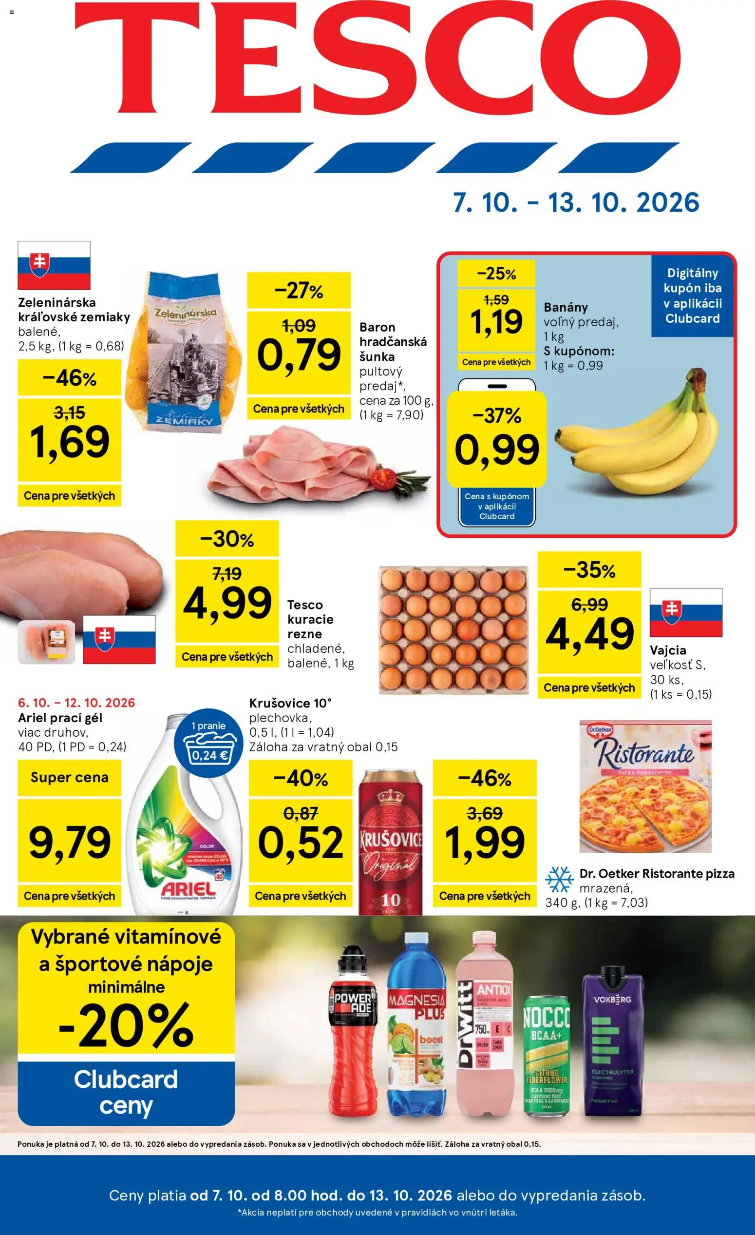 Nové Tesco akcie – leták je platný od 07.10.2026 | Strana: 1 | Produkty: Prací gél, Krušovice, Ariel, Zemiaky