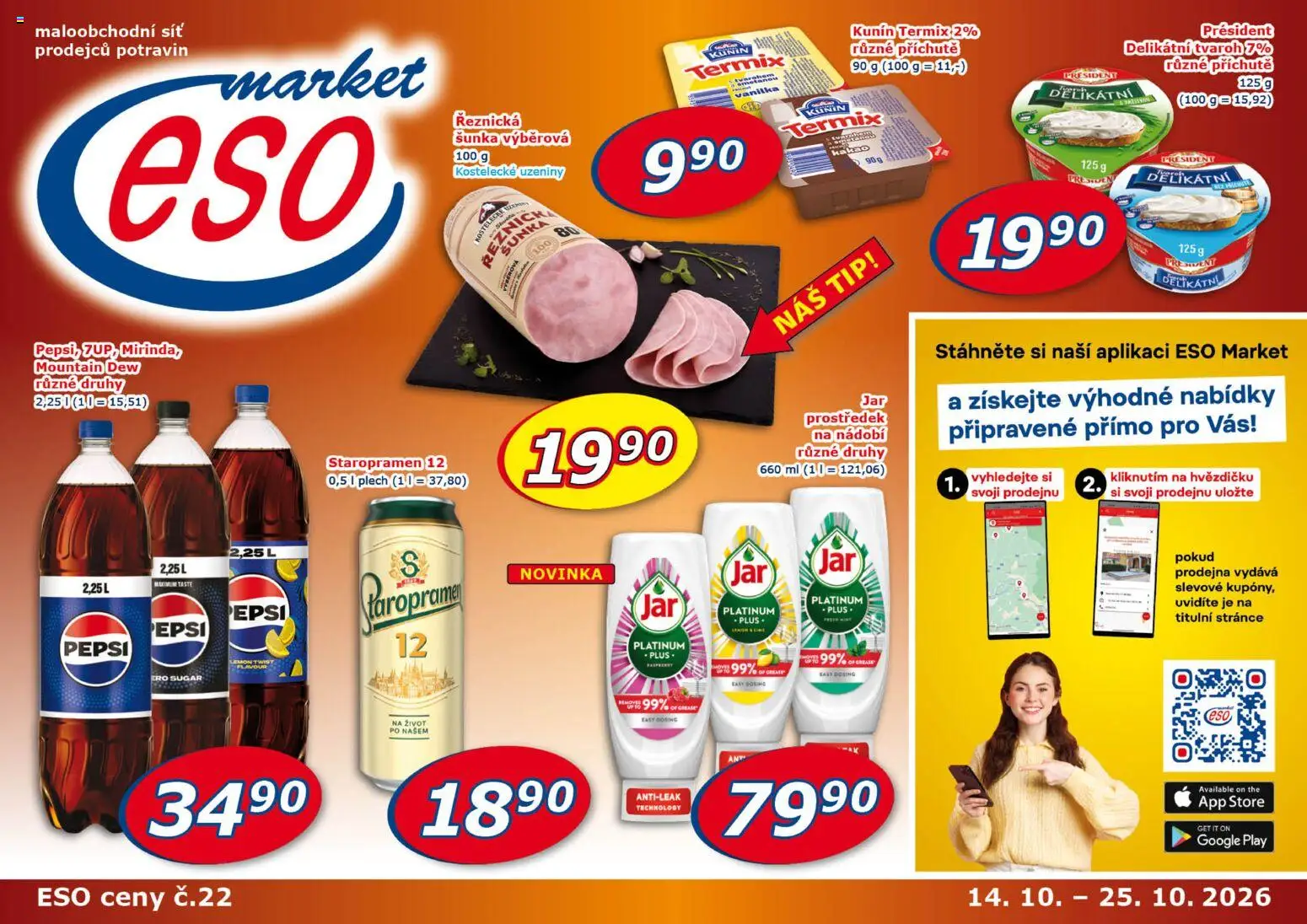 Eso market leták od 14.10.2026 | Strana: 1 | Produkty: Šunka, Síť, Tvaroh, Uzeniny