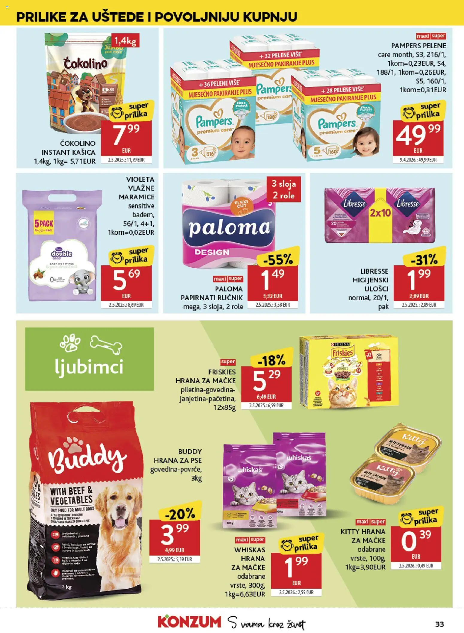 Konzum katalog | vrijedi od 29.04.2026 | Stranica: 33 | Proizvodi: Whiskas, Pelene, Vlažne maramice, Ručnik