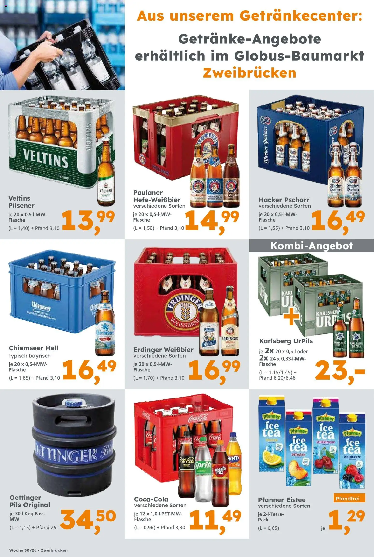 Globus Baumarkt Prospekt Zweibrücken – gültig ab 20.07.2026 | Seite: 8 | Produkte: Erdinger, Weißbier, Pfanner eistee, Pfirsich