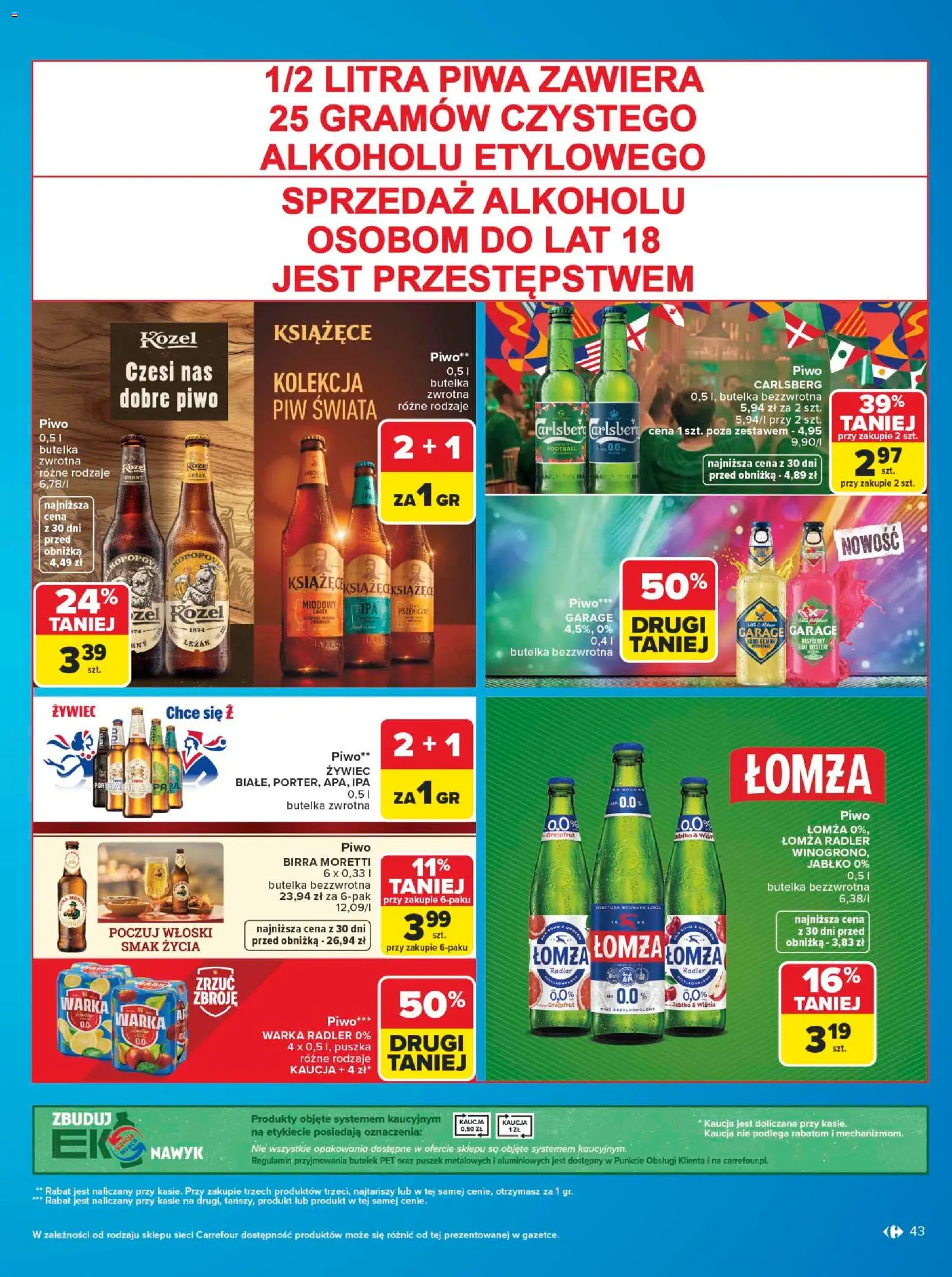 Carrefour gazetka - W sumie same markowe okazje od 08.06.2026 | Strona: 43 | Produkty: Leżak, Piwo pszeniczne, Piwo Warka, Piwo