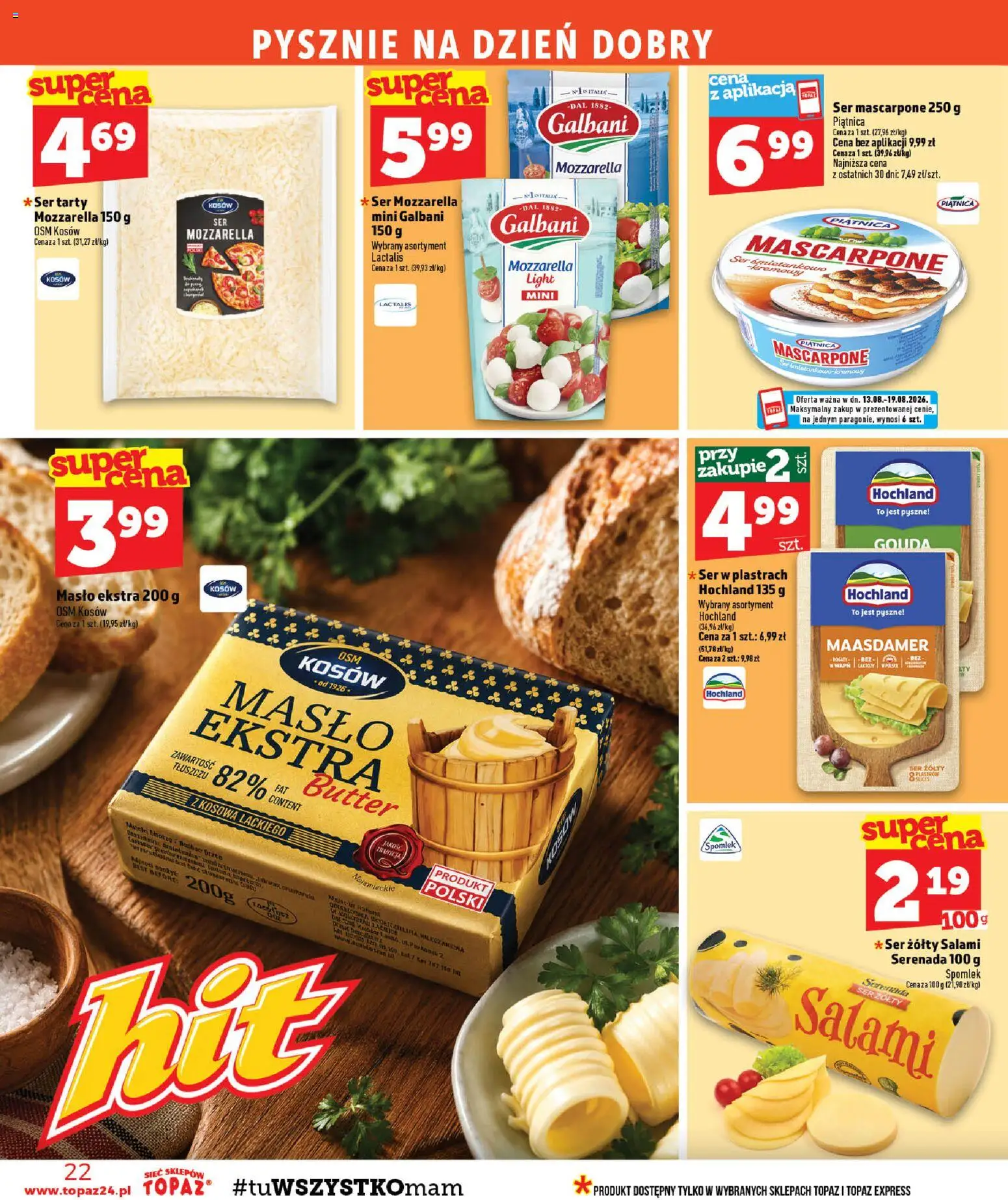 Topaz gazetka - MAZ od 13.08.2026 | Strona: 22 | Produkty: Tarty ser, Piątnica, Ser, Ser mascarpone