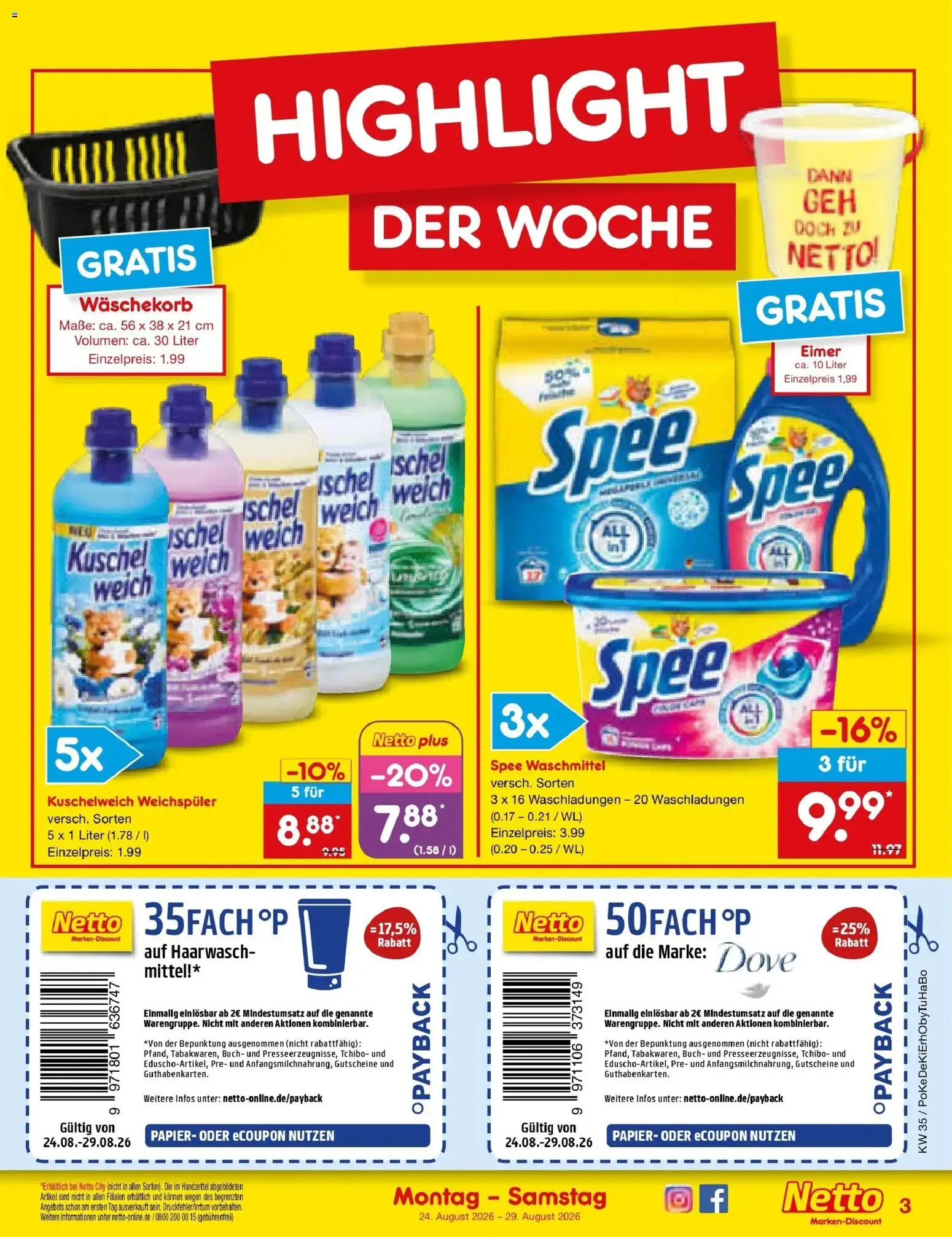 Netto Marken-Discount Prospekt Sindelfingen (ab 24.08.2026) » Angebote | Seite: 3 | Produkte: Kuschelweich, Spee, Weichspüler, Waschmittel