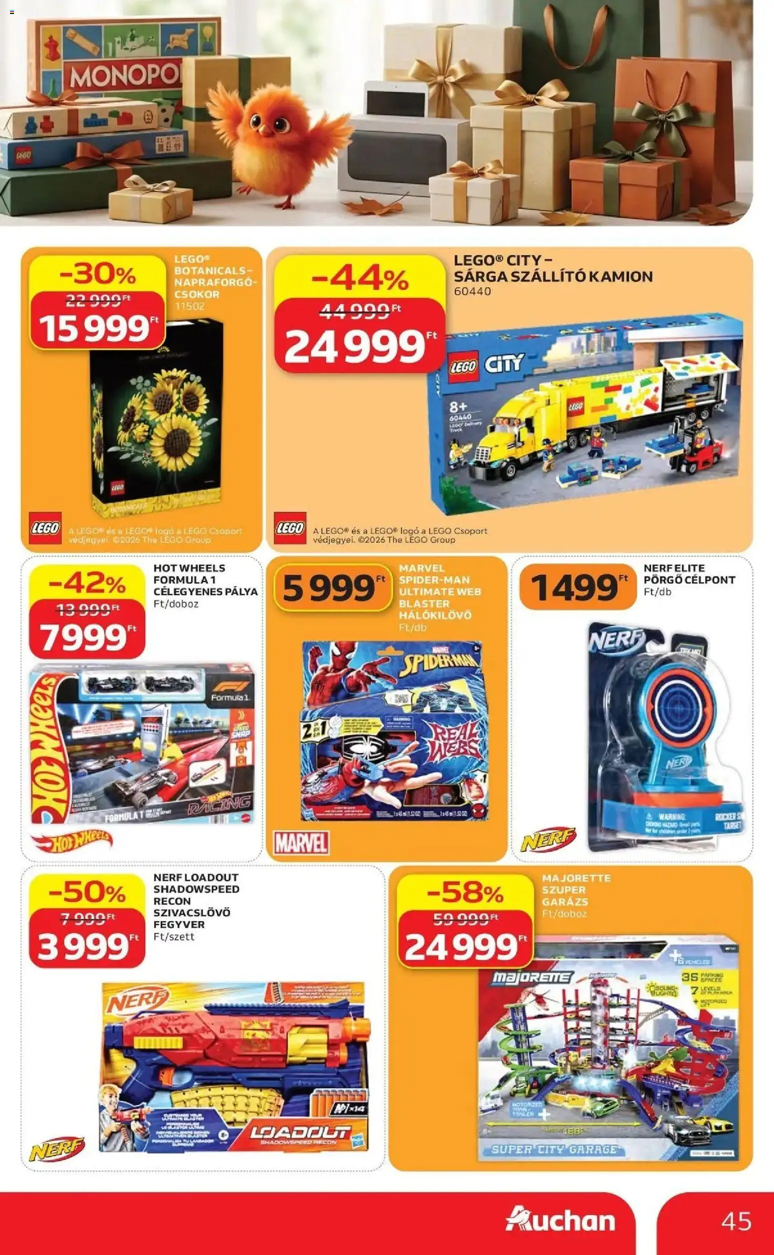 Auchan akciós újság Szolnok - 2026.10.01. -tól/töl > akció, lapozható szórólap 🛍️ | Oldal: 45 | Termékek: Napraforgó, Hot Wheels, LEGO