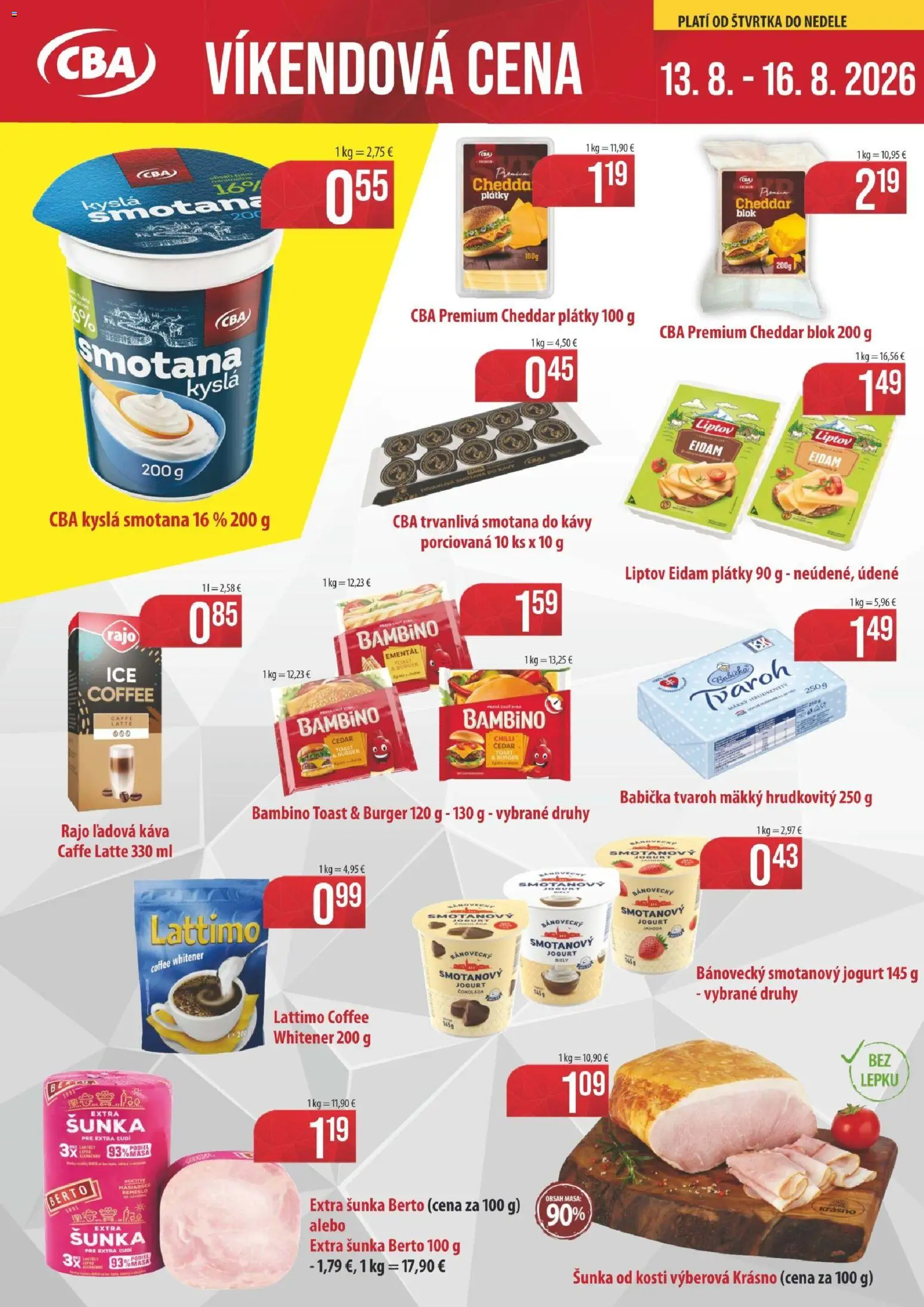 Nové KARMEN CBA akcie – leták je platný od 13.08.2026 | Strana: 1 | Produkty: Šunka, Smotana, Tvaroh, Trvanlivá smotana