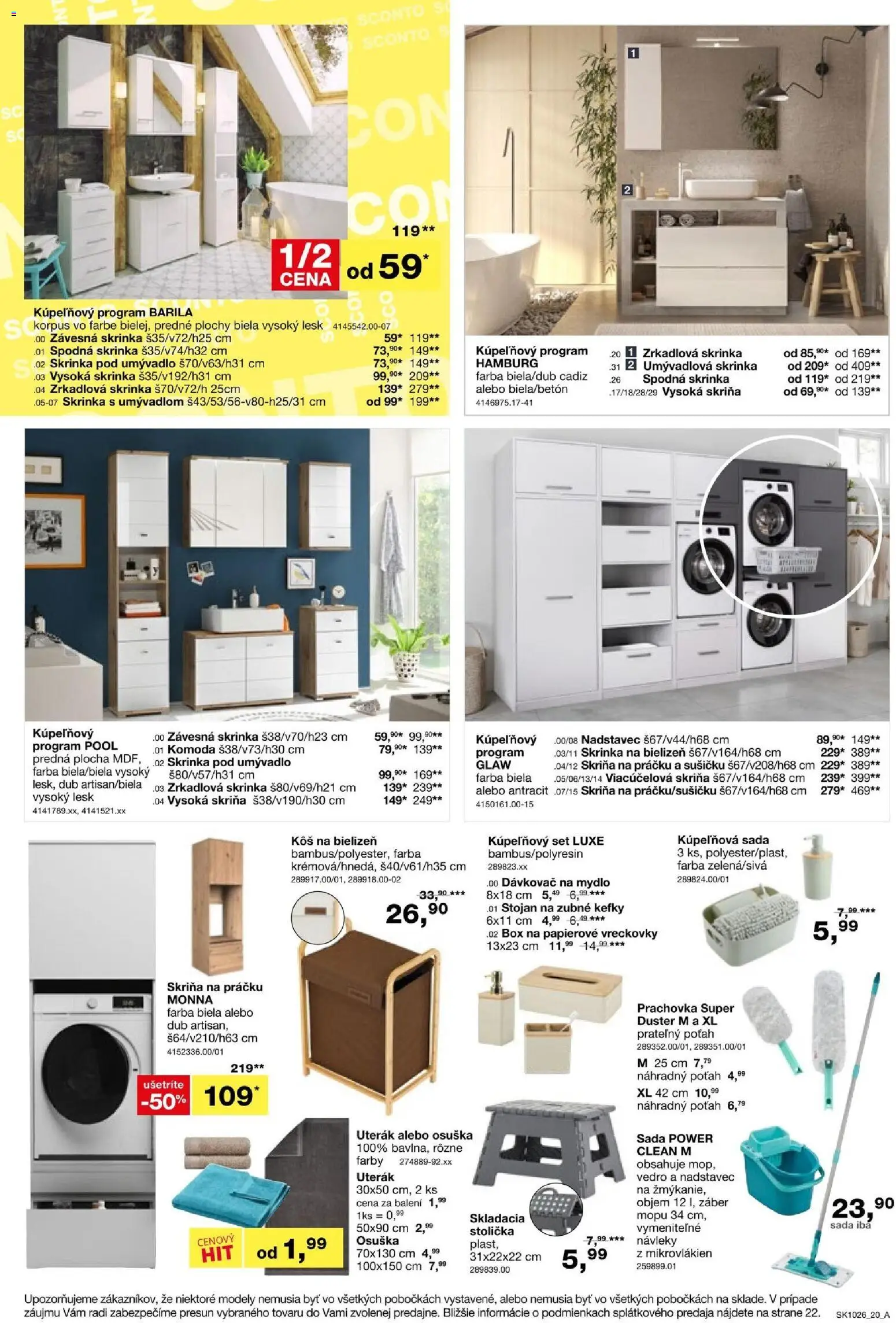 Nové Sconto nábytok akcie – leták je platný od 05.08.2026 | Strana: 20 | Produkty: Skriňa, Skrinka pod umývadlo, Kôš na bielizeň, Skrinka s umývadlom