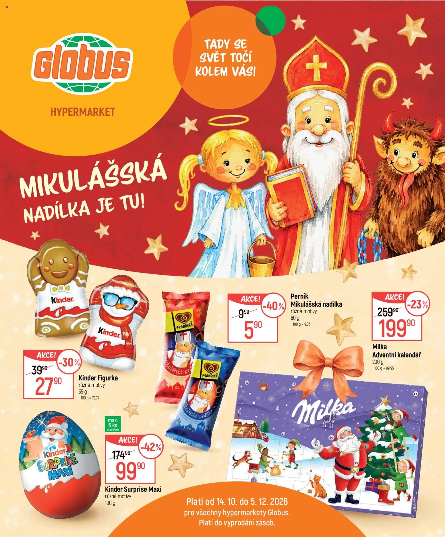 Globus leták - Mikuláš od 14.10.2026 | Strana: 1 | Produkty: Globus, Kinder surprise maxi, Adventní kalendář, Kinder