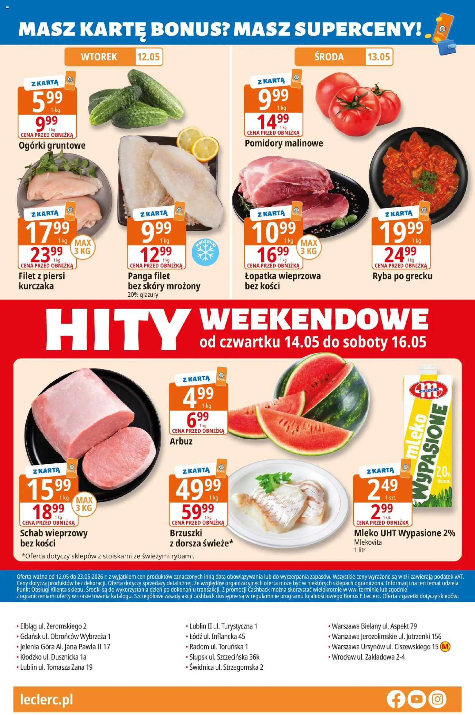 E.Leclerc gazetka - Elbląg od 12.05.2026 | Strona: 28 | Produkty: Arbuz, Schab, Mleko, Ogórki gruntowe