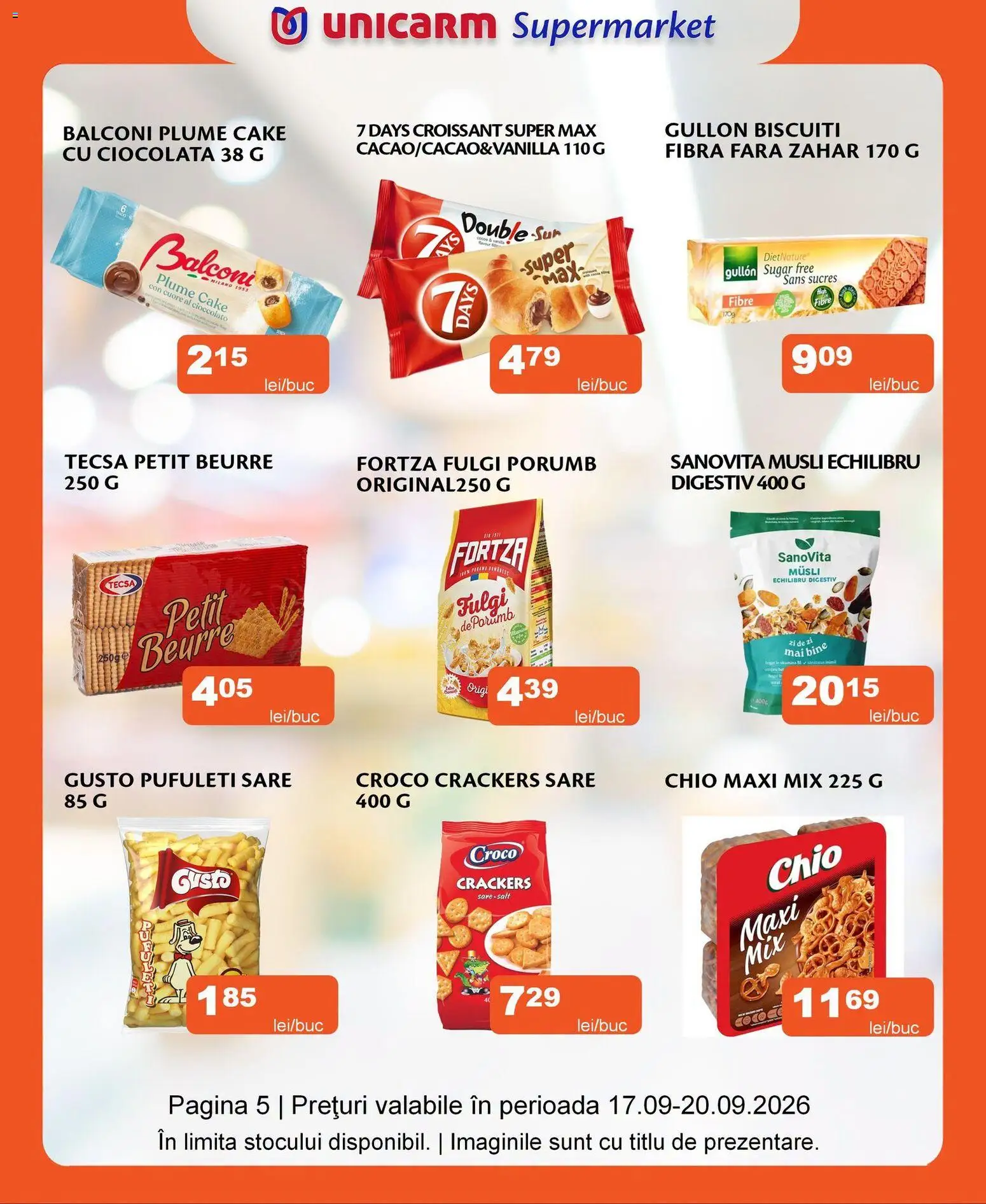 Noul catalog Unicarm – valabil de la 17.09.2026 | Pagină: 5 | Produse: Croissant, Biscuiți, Fulgi, Porumb