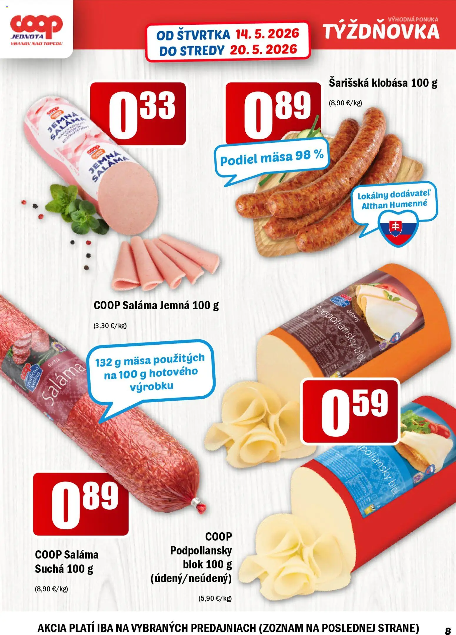 Nové COOP Jednota akcie – leták je platný od 14.05.2026 | Strana: 8 | Produkty: Saláma, Klobása