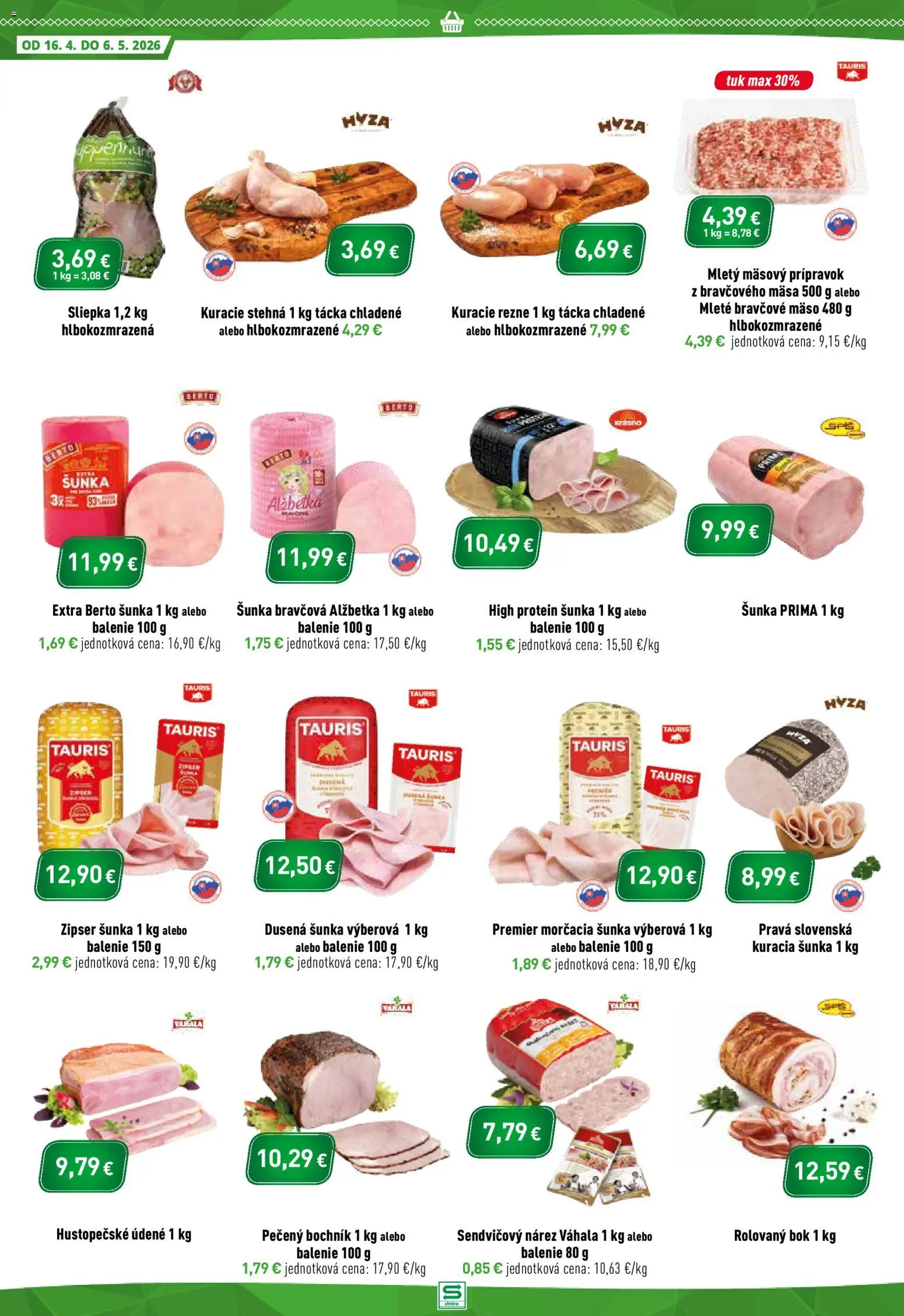 Nové Sintra akcie – leták je platný od 16.04.2026 | Strana: 2 | Produkty: Šunka, Protein, Kuracie rezne, Bravčové mäso