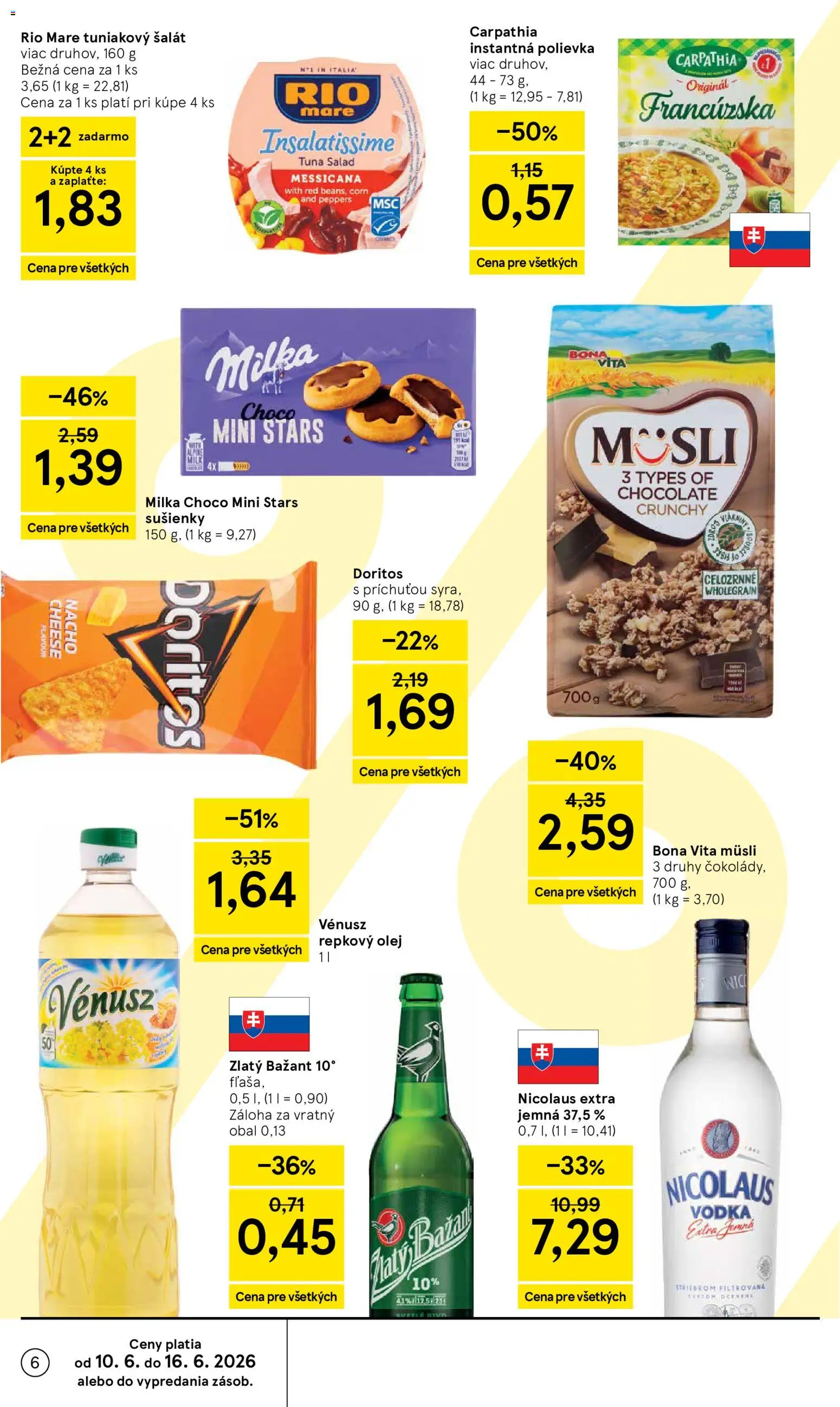 Nové Tesco akcie – leták je platný od 10.06.2026 | Strana: 6 | Produkty: Olej, Rio Mare, Vodka, Šalát