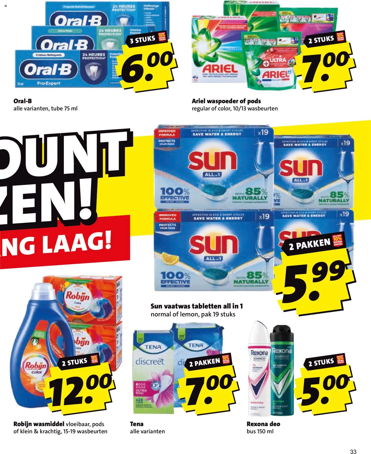 {H1} | Pagina: 33 | Producten: Wasmiddel, Vaatwas tabletten, Robijn, Water