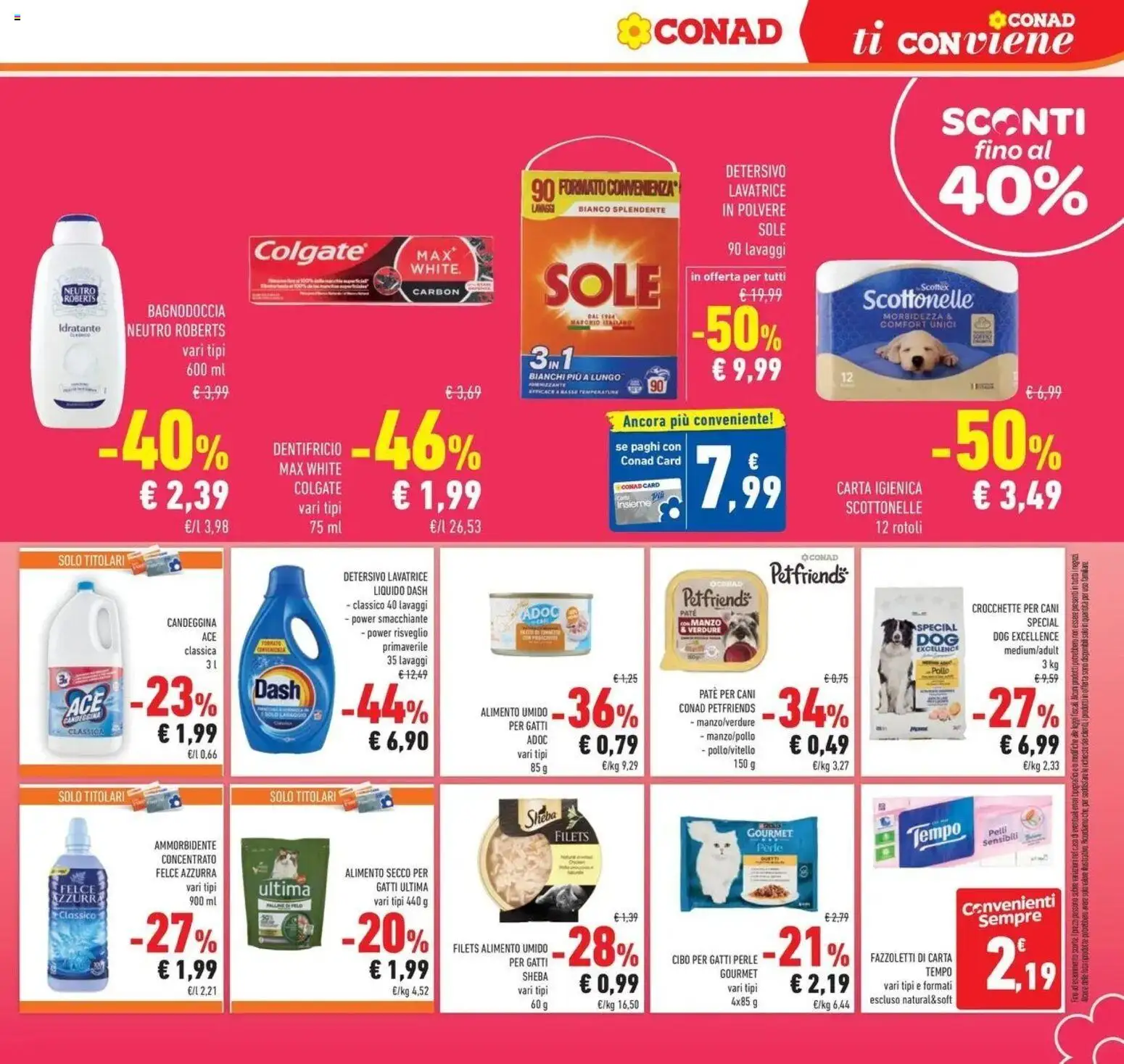 Volantino Conad del 21/10/2026 | Pagina: 19 | Prodotti: Fazzoletti di carta, Candeggina, Crocchette, Paté per cani