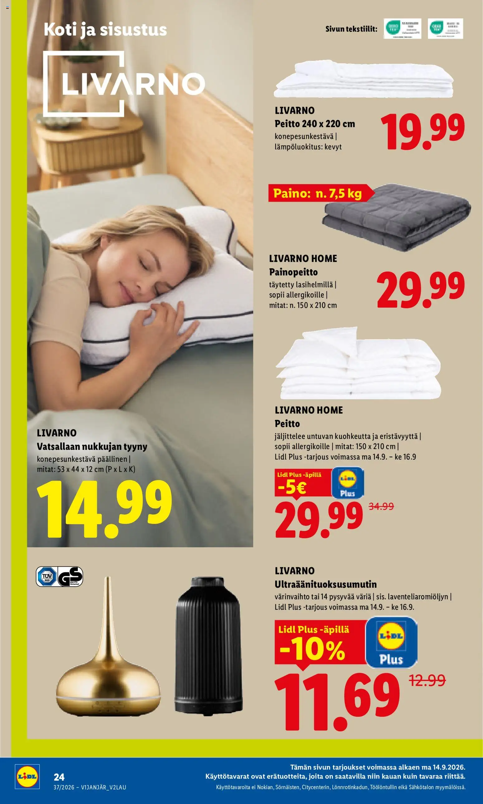 Lidl tarjoukset - Tampere – voimassa 14/09/2026 alkaen | Sivu: 7 | Tuotteet: Tyyny, Peitto