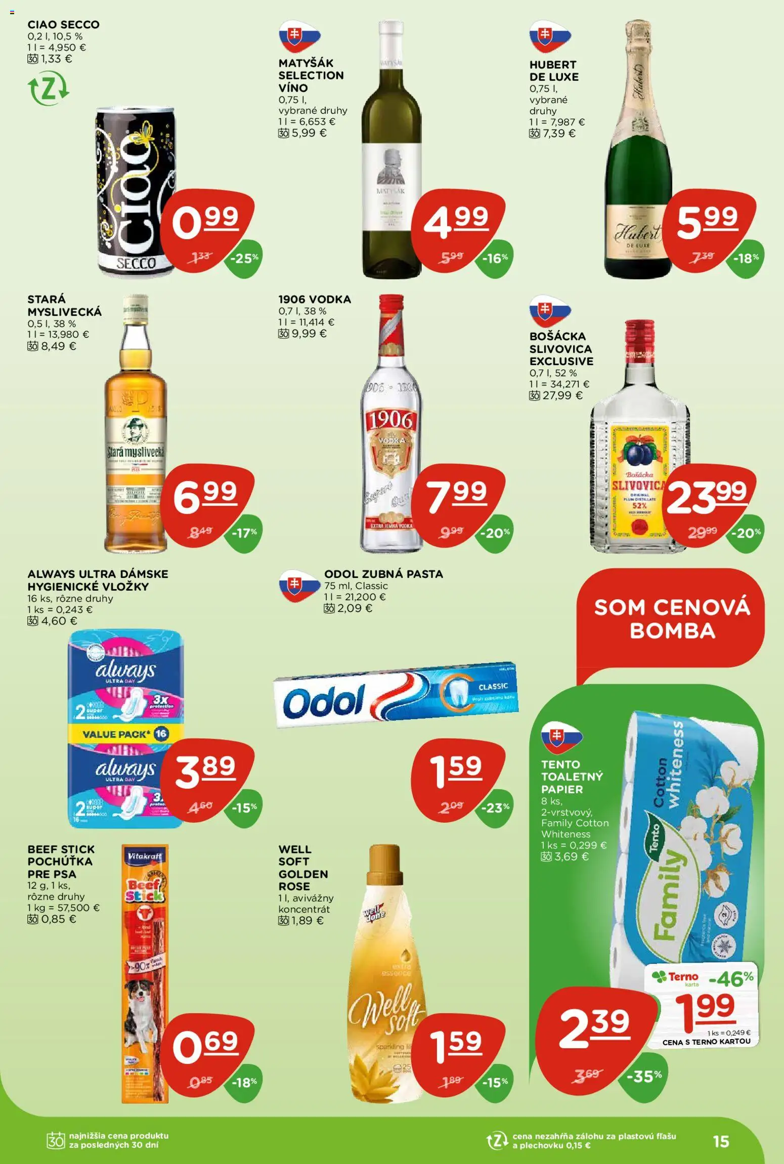 Nové Terno akcie – leták je platný od 23.04.2026 | Strana: 15 | Produkty: Víno, Bošácka slivovica, Slivovica, Vodka