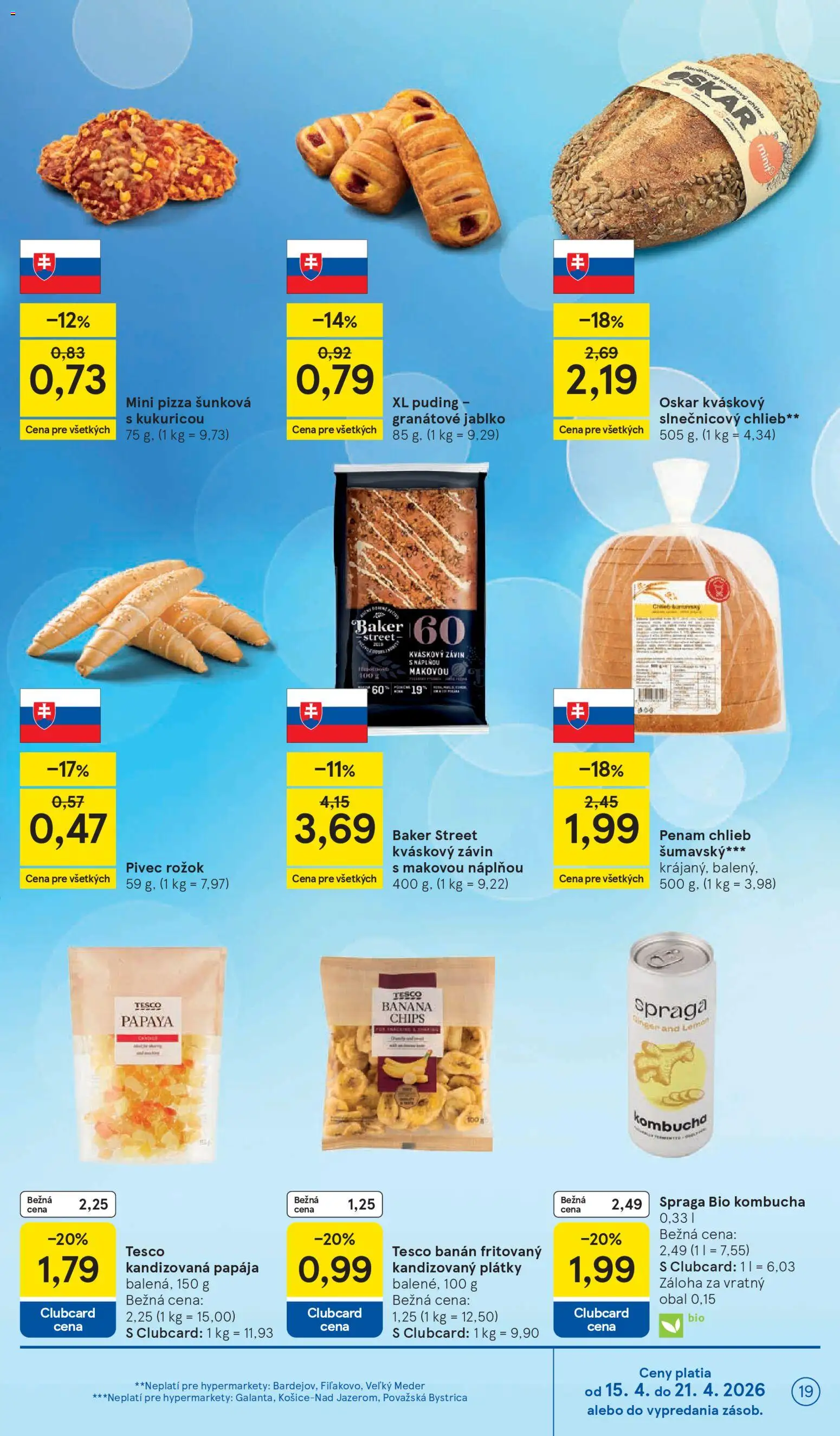 Nové Tesco akcie – leták je platný od 15.04.2026 | Strana: 19 | Produkty: Chlieb, Pizza, Závin, Puding