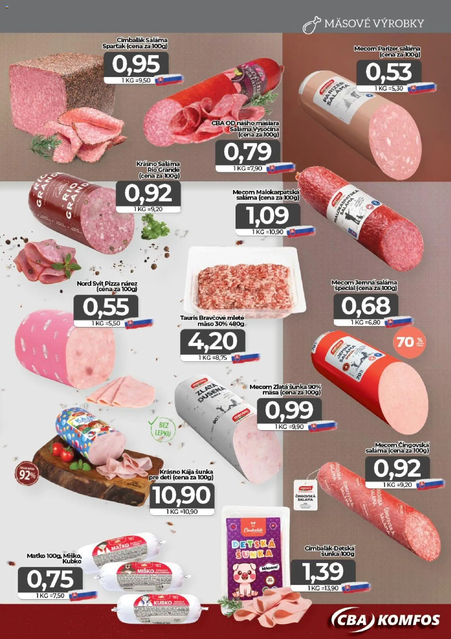 Nové CBA Komfos akcie – leták je platný od 23.10.2026 | Strana: 3 | Produkty: Šunka, Pizza, Mäso, Mleté mäso