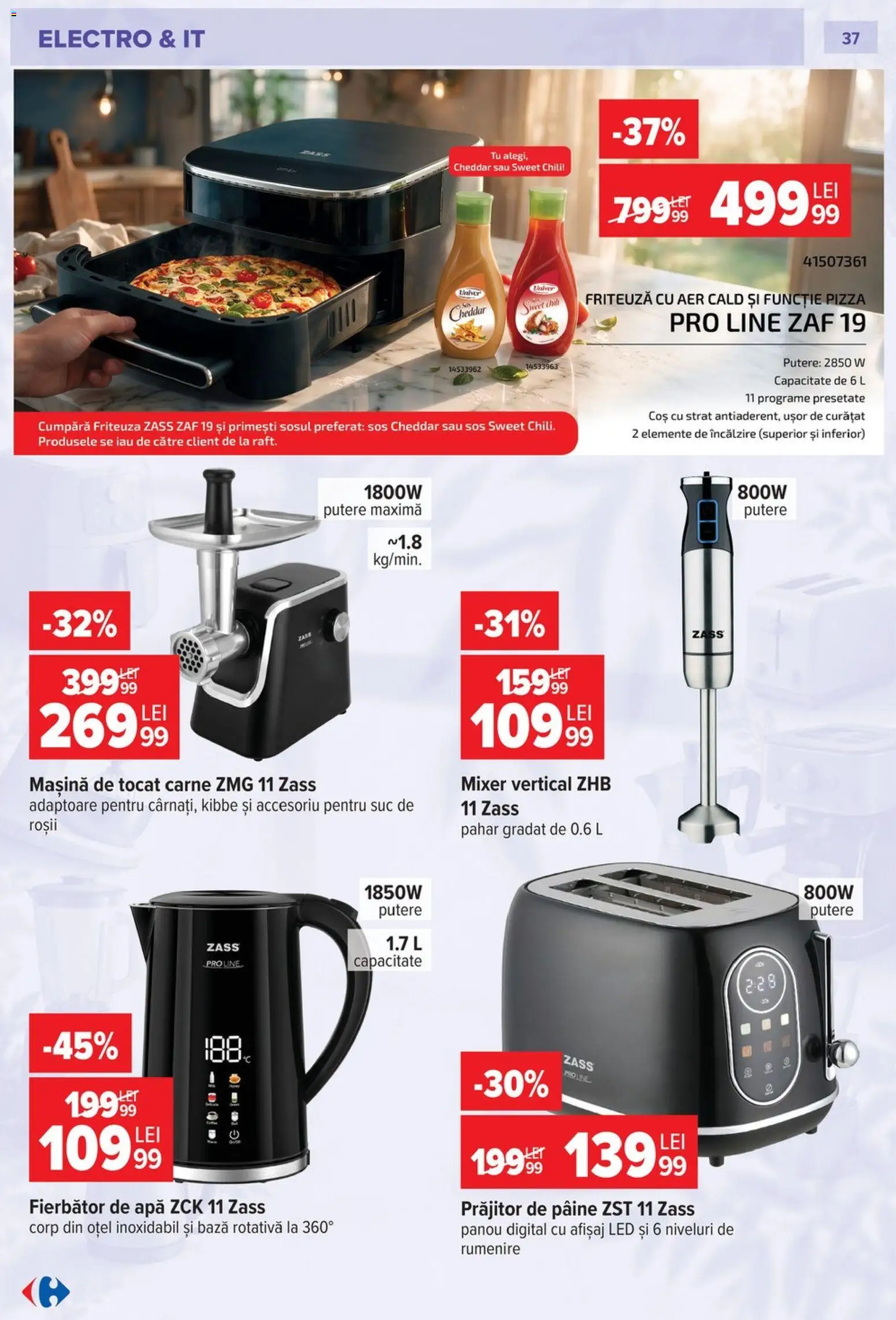 Noul catalog Carrefour – valabil de la 23.09.2026 | Pagină: 37 | Produse: Friteuza cu aer cald, Pâine, Suc, Apă