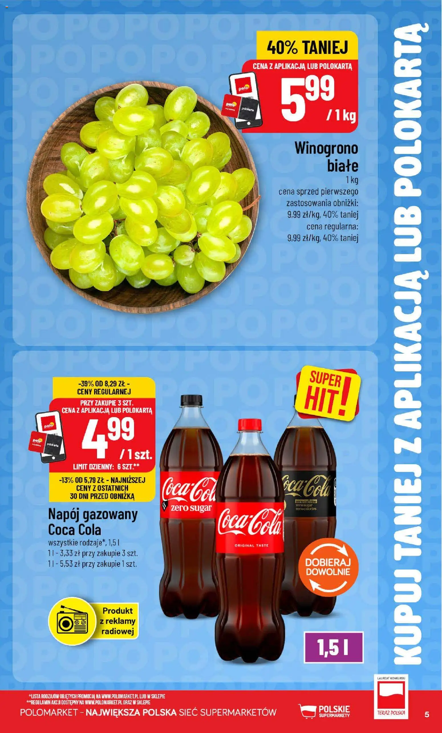 Nowa POLOmarket gazetka od jutra 14.10.2026 | Strona: 5 | Produkty: Winogrono, Coca cola