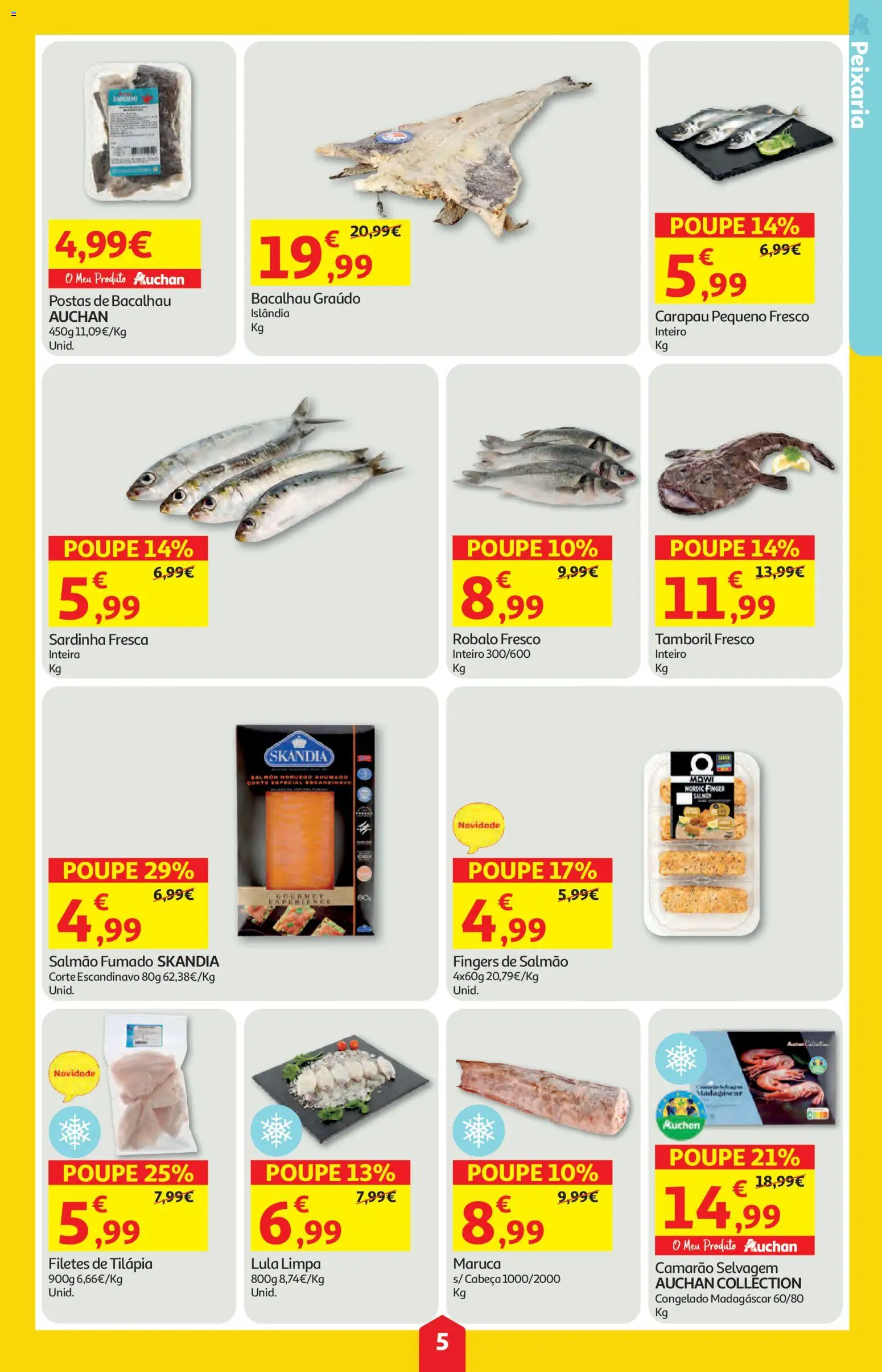 Auchan folheto │ válido de 28.05.2026 | Página: 5 | Produtos: Bacalhau, Camarão, Salmão, Tamboril