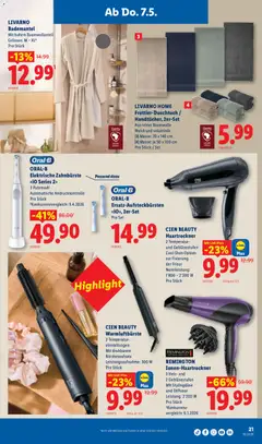 Lidl aktionen ab 07.05.2026 gültig | Seite: 21 | Produkte: Haartrockner, Elektrische zahnbürste, Zahnbürste, Bademantel
