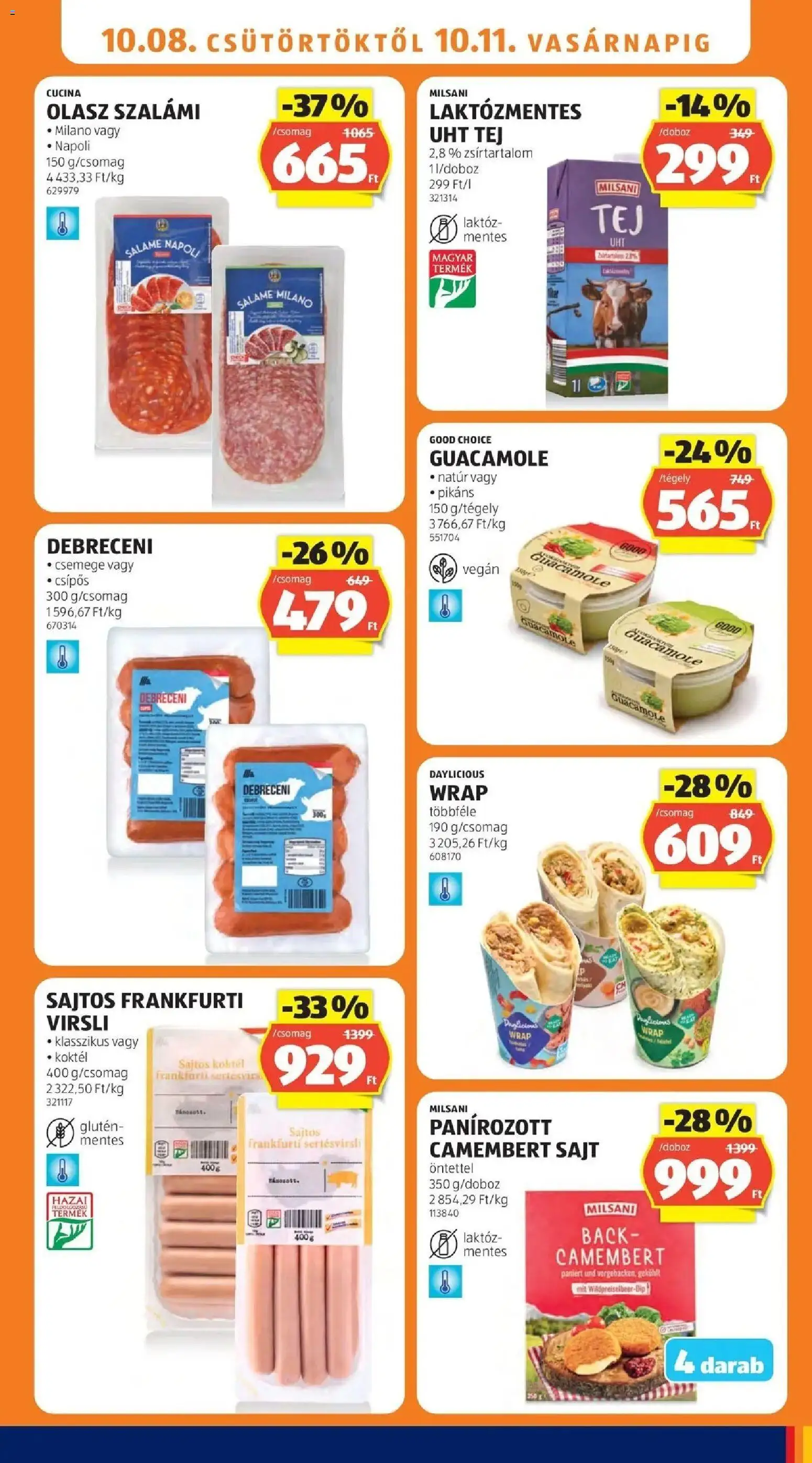 Aldi akciós ujság - amely érvényes a következő dátumtól: 2026.10.08. | Oldal: 9 | Termékek: UHT tej, Olasz szalámi, Csemege, Sajt