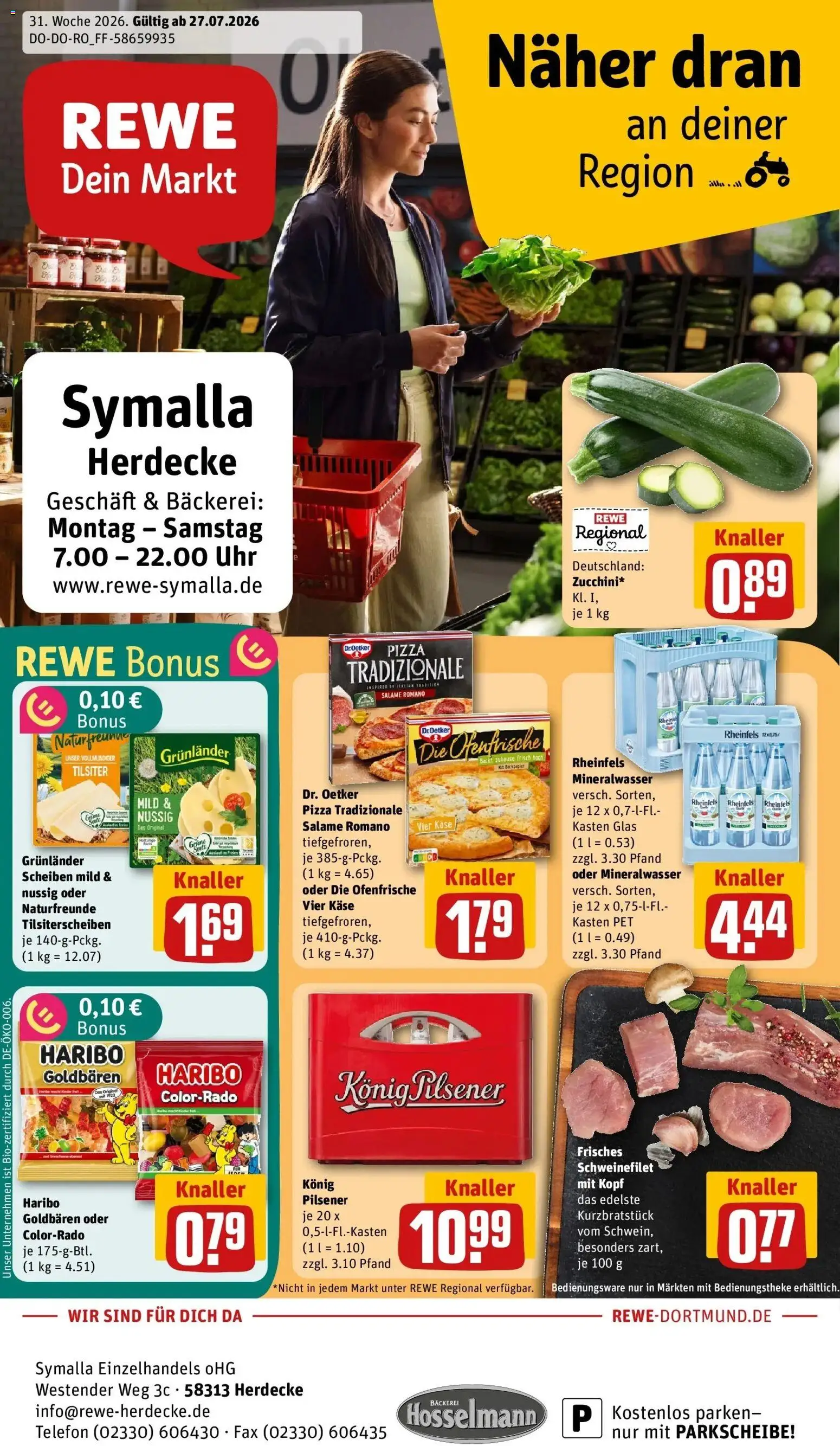 Rewe Prospekt Herdecke – gültig ab 27.07.2026 | Seite: 1 | Produkte: Bäckerei, Käse, Schweinefilet, Telefon