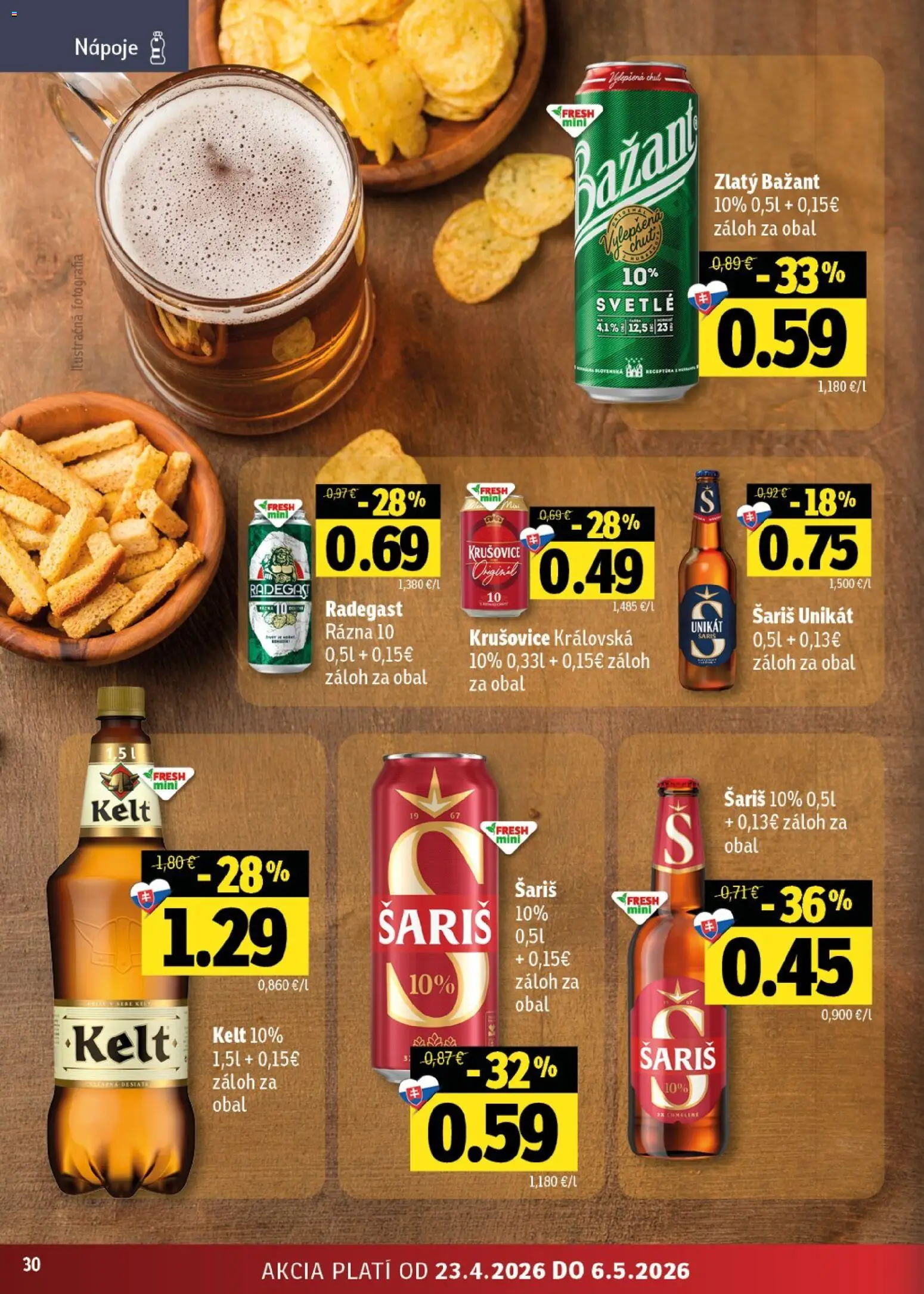 Nové Fresh akcie – leták je platný od 23.04.2026 | Strana: 30 | Produkty: Radegast, Krušovice, Zlatý Bažant, Šariš