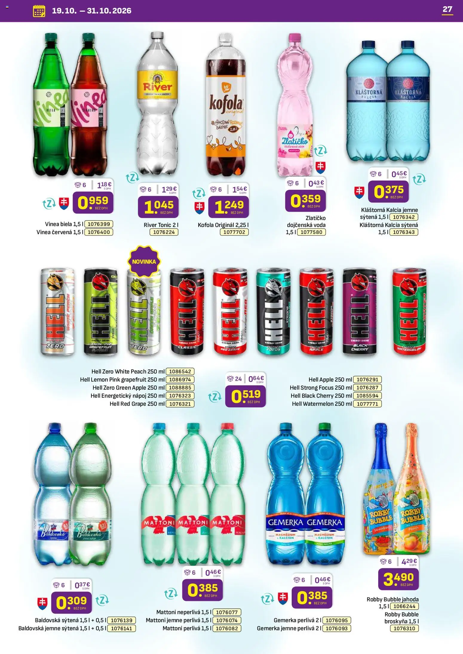Nové Libex akcie – leták je platný od 19.10.2026 | Strana: 27 | Produkty: River Tonic, Baldovská, Vinea, Dojčenská voda