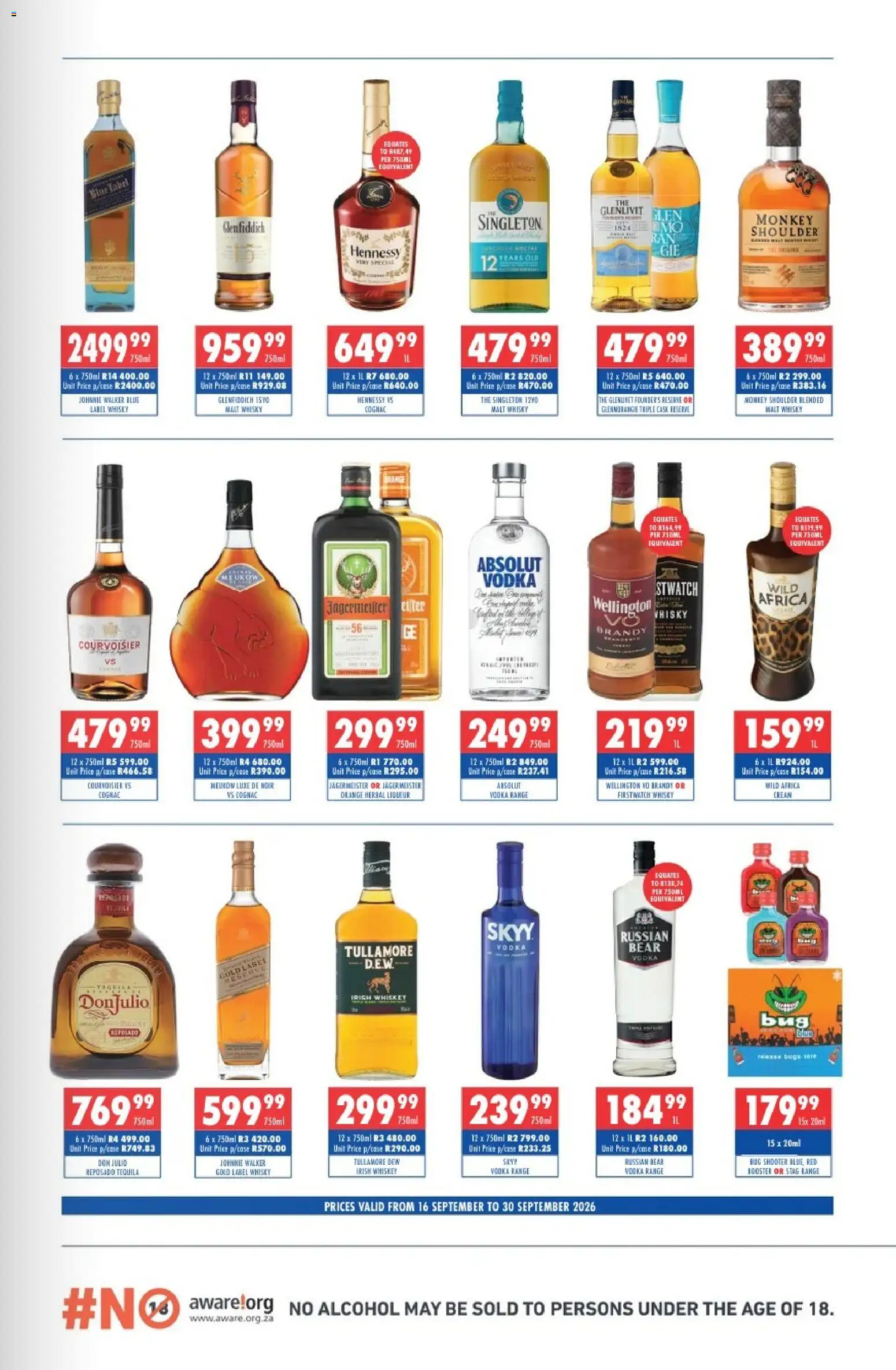 New Ultra Liquors catalogue – valid from 16/09/2026 | Page: 3 | Products: Brandy, Tequila, Vodka, Whiskey