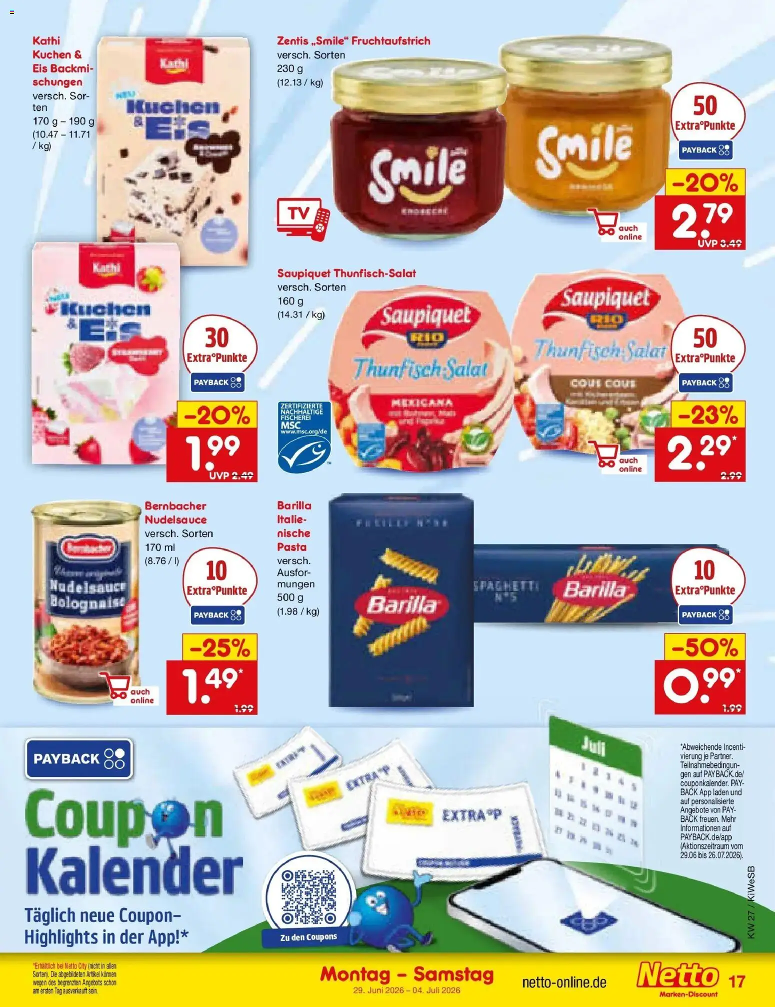 Netto Marken-Discount Prospekt Bad Friedrichshall – gültig ab 28.06.2026 | Seite: 23 | Produkte: Barilla, Thunfisch, Pasta, Eis