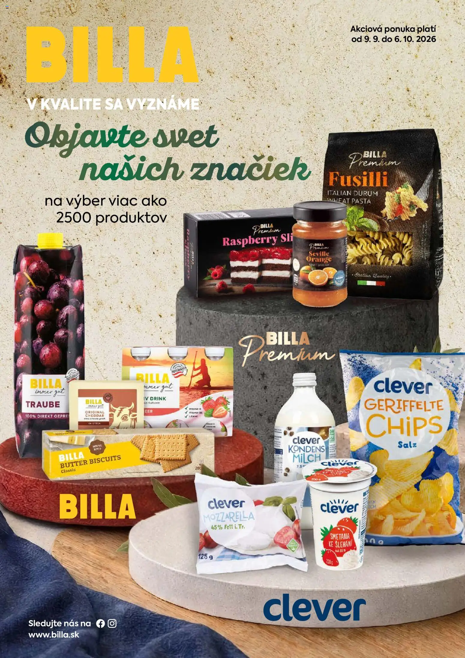 Nové Billa akcie – leták je platný od 09.09.2026 | Strana: 1 | Produkty: Lis, Fusilli, Cheddar, Mozzarella