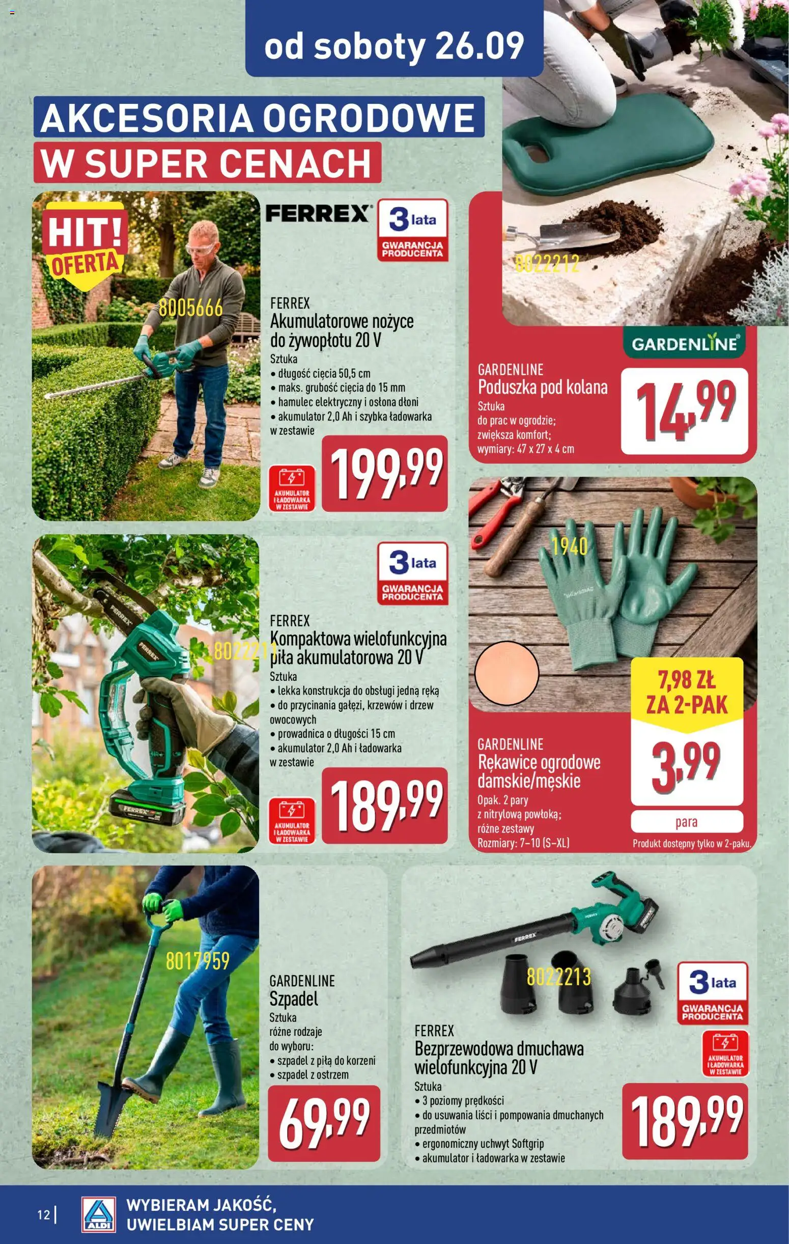 Aldi gazetka - Hity od Środy i od Soboty od 23.09.2026 | Strona: 12 | Produkty: Ładowarka, Akumulatorowe nożyce, Poduszka, Nożyce do żywopłotu