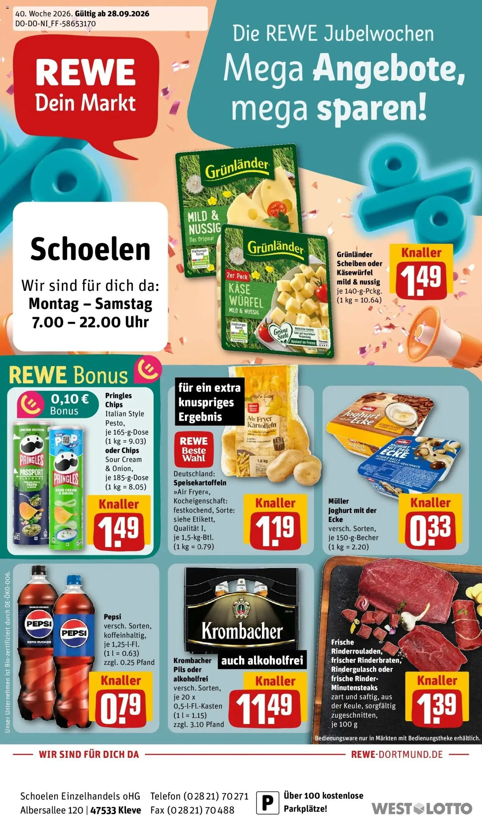 REWE Prospekt ab 28.09.2026 zum Blättern » Angebote | Seite: 1 | Produkte: Rindergulasch, Grunlander, Pringles, Telefon