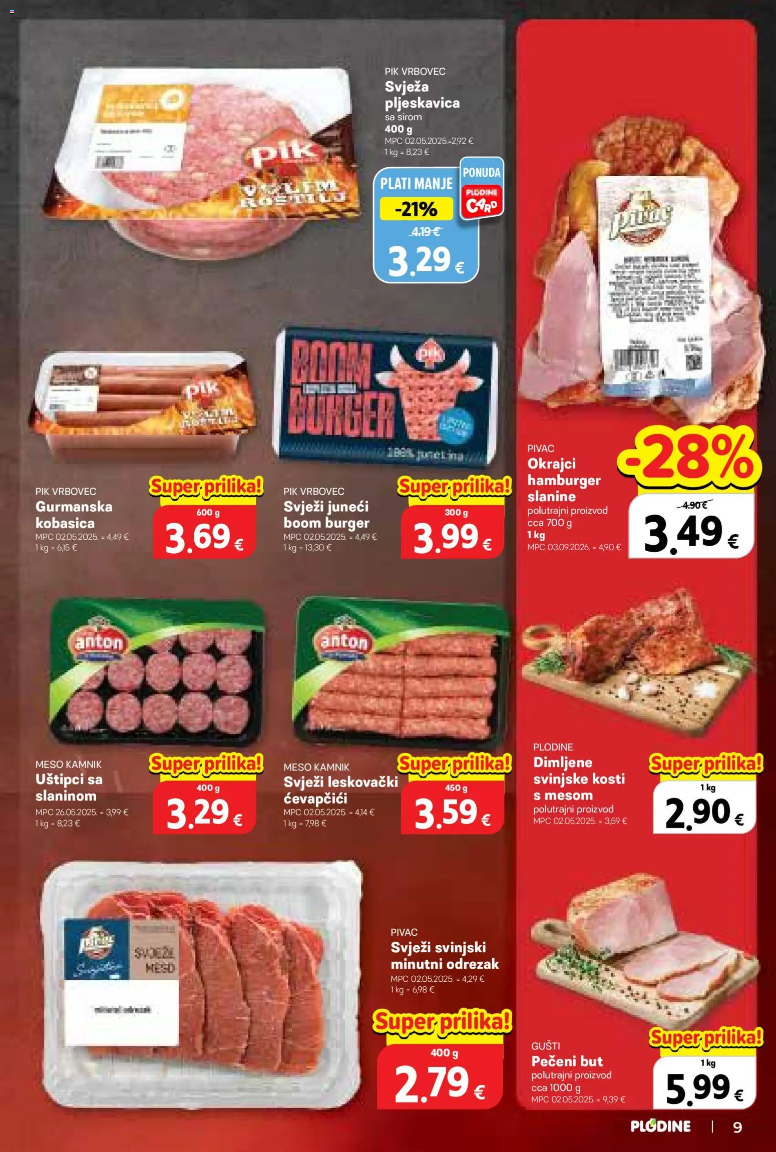 Plodine katalog | vrijedi od 09.09.2026 | Stranica: 9 | Proizvodi: Odrezak, Pik Vrbovec, Hamburger, Ćevapčići