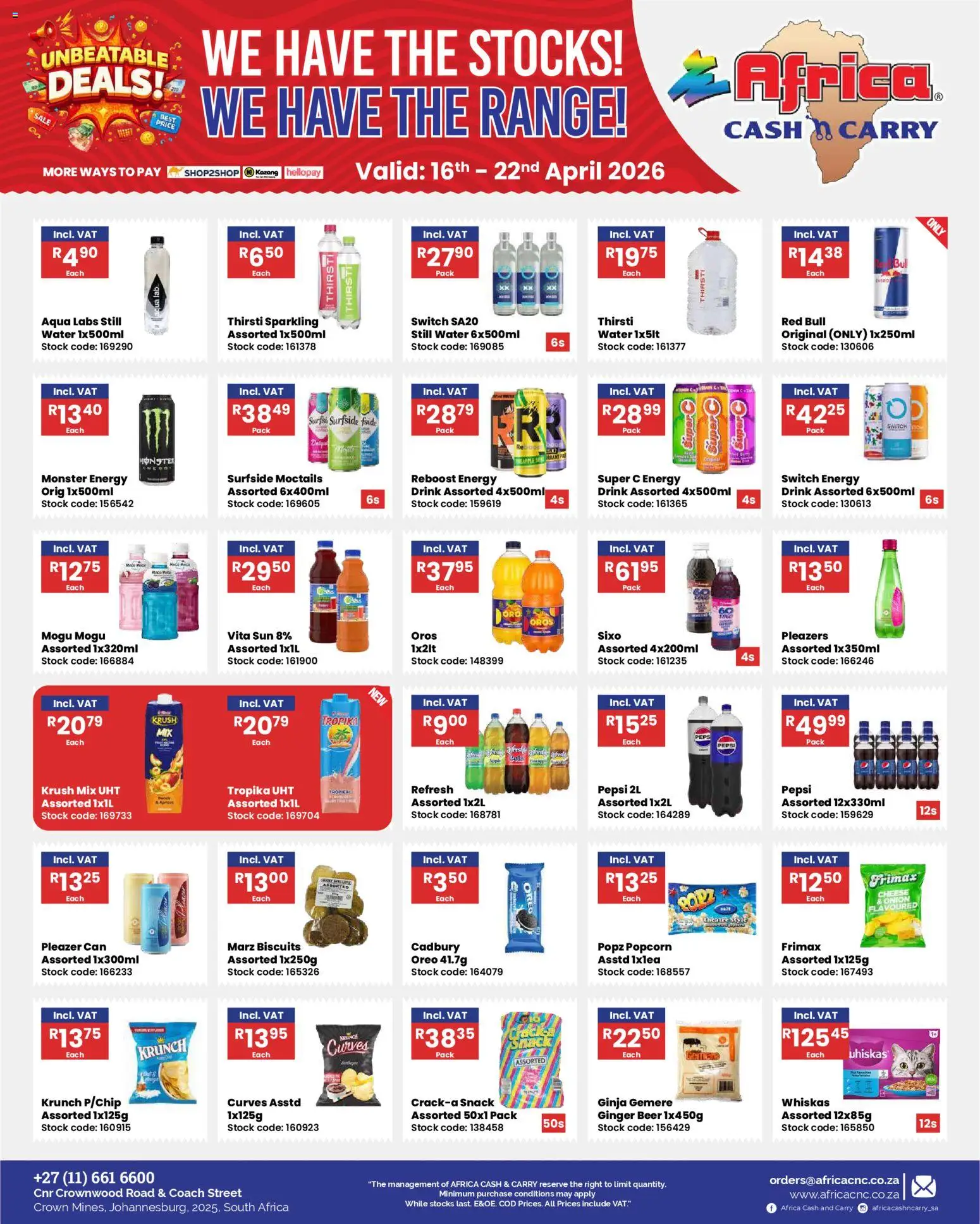 New Africa Cash & Carry catalogue – valid from 16.04.2026 | Page: 16 | Products: Cheese, Switch, Popcorn, Stock