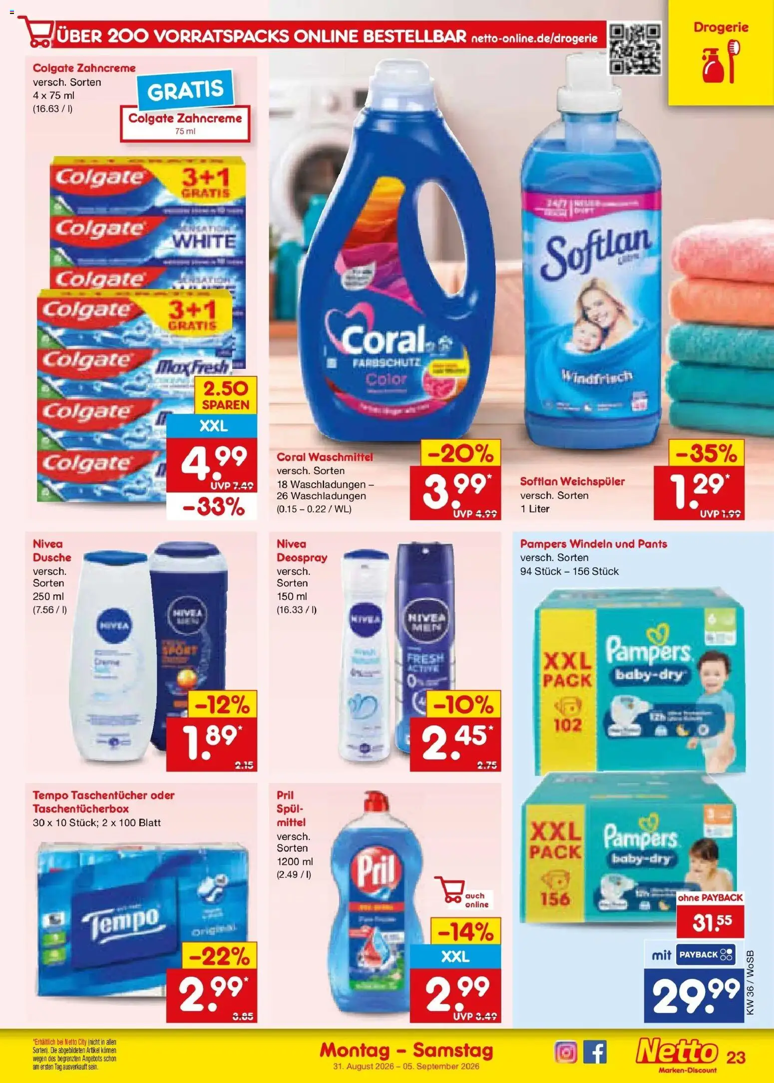 Netto Marken-Discount Prospekt Mannheim (ab 31.08.2026) » Angebote | Seite: 31 | Produkte: Coral, Pampers, Coral waschmittel, Deospray