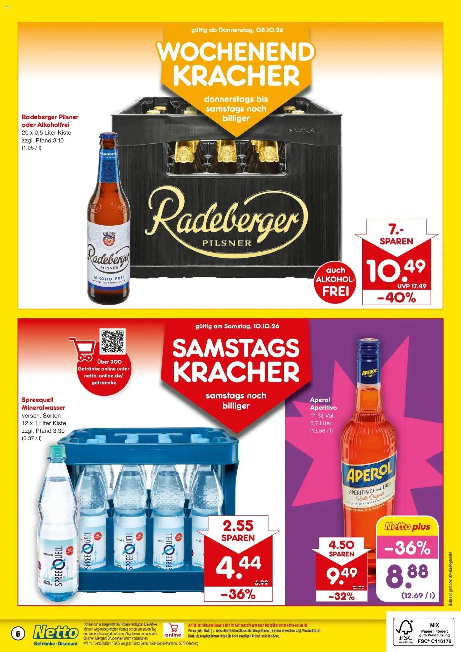 Netto Marken-Discount Prospekt Berlin-Marzahn – gültig ab 05.10.2026 | Seite: 6 | Produkte: Mineralwasser, Alkohol, Aperol, Radeberger pilsner