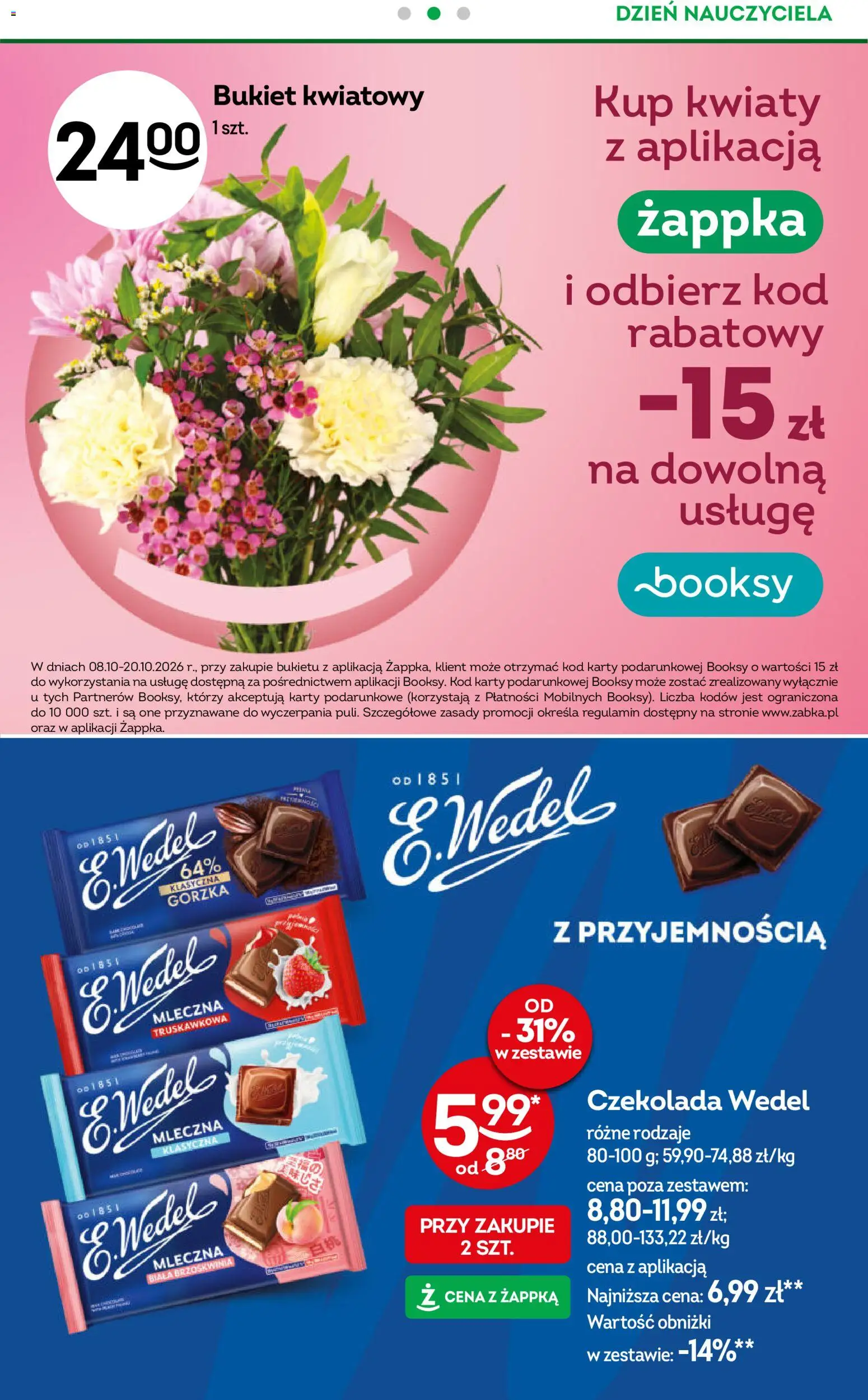 Żabka gazetka od 07.10.2026 | Strona: 15 | Produkty: Brzoskwinia, Czekolada, Czekolada wedel, Kwiaty