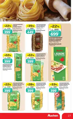 AUCHAN KEDVENC DURUM LASAGNE SZÁRAZTÉSZTA, 500 g, 1798 Ft/kg - amely érvényes a következő dátumtól: 2026.09.17. | Oldal: 27 | Termékek: Spagetti, Tagliatelle, Farfalle, Száraztészta