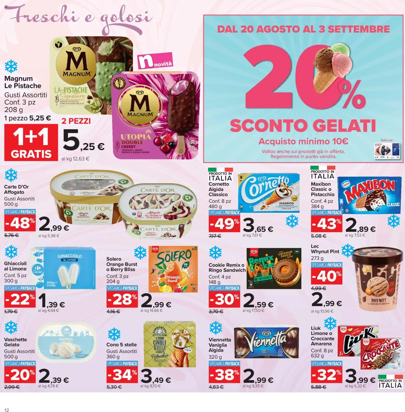 Volantino Carrefour del 20/08/2026 | Pagina: 12 | Prodotti: Vaniglia, Cioccolato, Ghiaccioli, Ghiacciolo