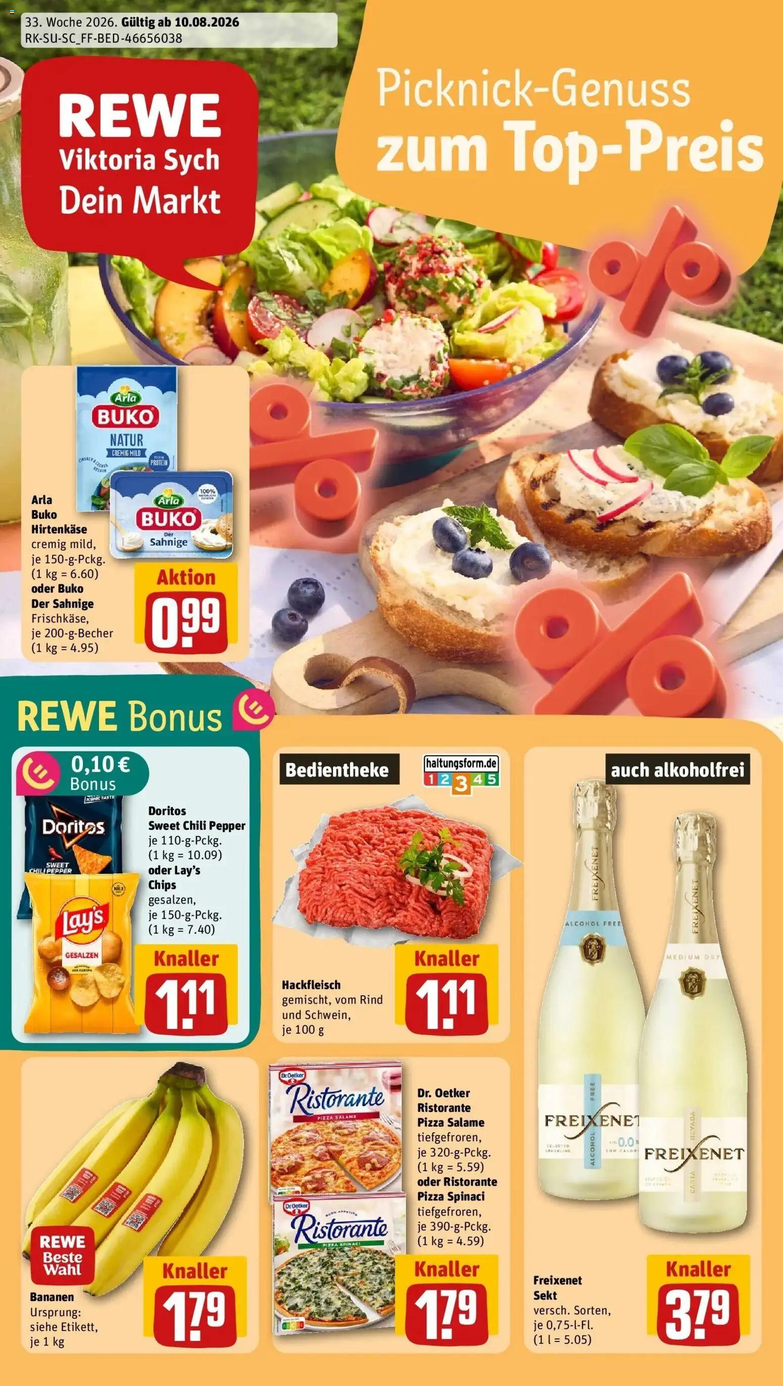 REWE Prospekt ab 10.08.2026 zum Blättern » Angebote | Seite: 1 | Produkte: Sekt, Bananen, Arla buko, Chips