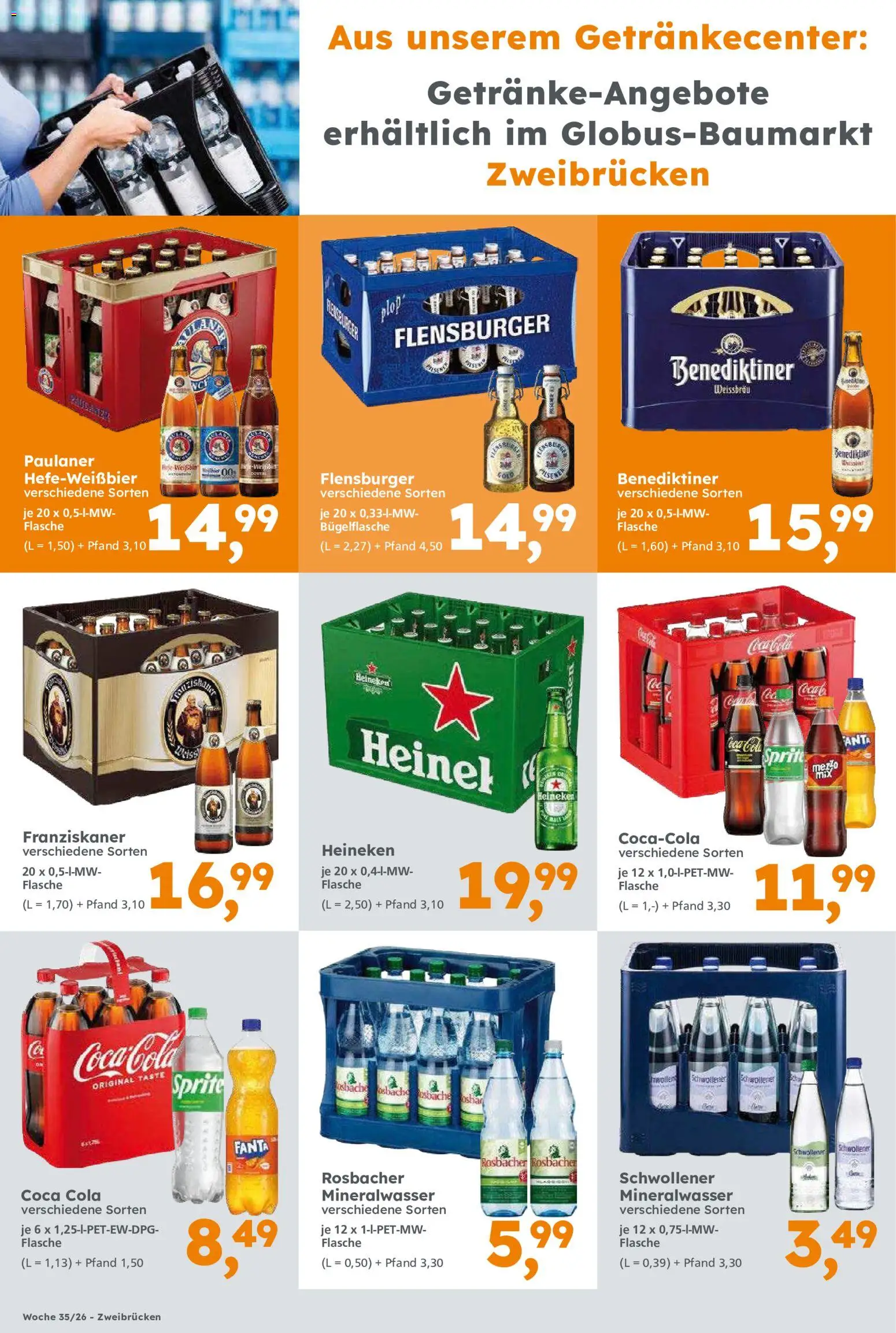 Globus Baumarkt Prospekt Zweibrücken – gültig ab 24.08.2026 | Seite: 12 | Produkte: Franziskaner, Fanta, Sprite, Paulaner