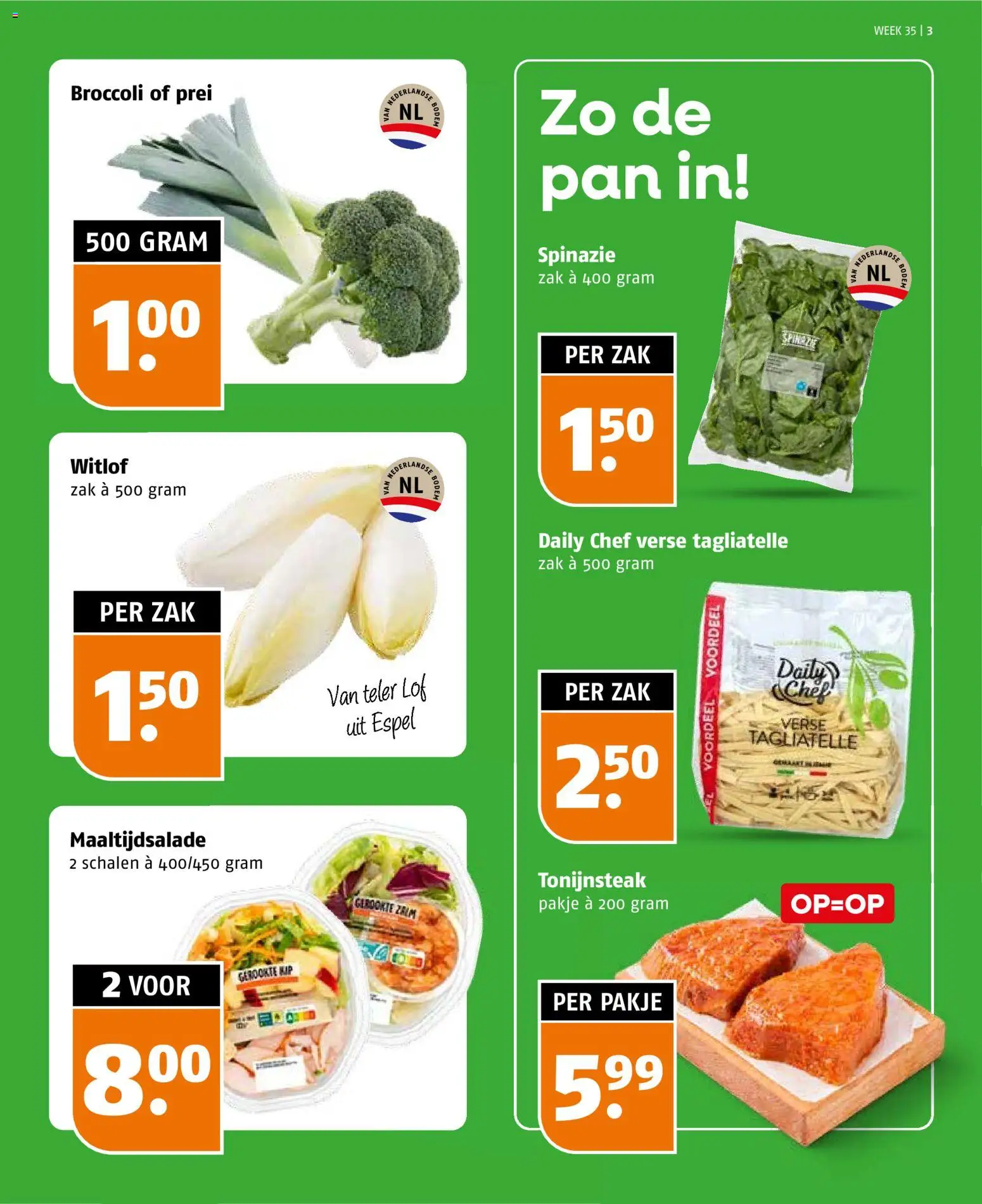 {H1} | Pagina: 3 | Producten: Spinazie, Broccoli, Pan, Tonijnsteak