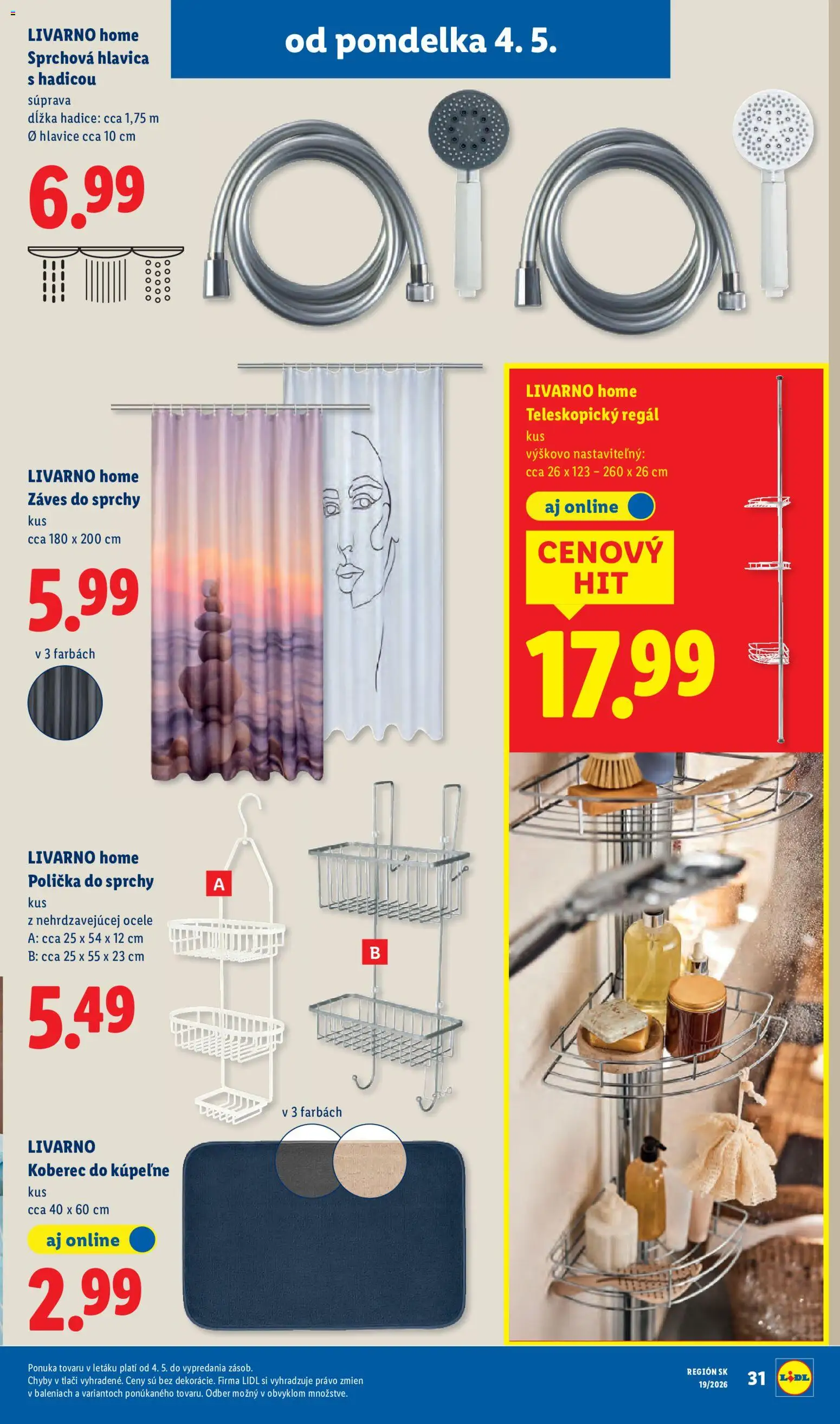 Nové Lidl akcie – leták je platný od 04.05.2026 | Strana: 47 | Produkty: Koberec do kúpeľne, Regál, Koberec