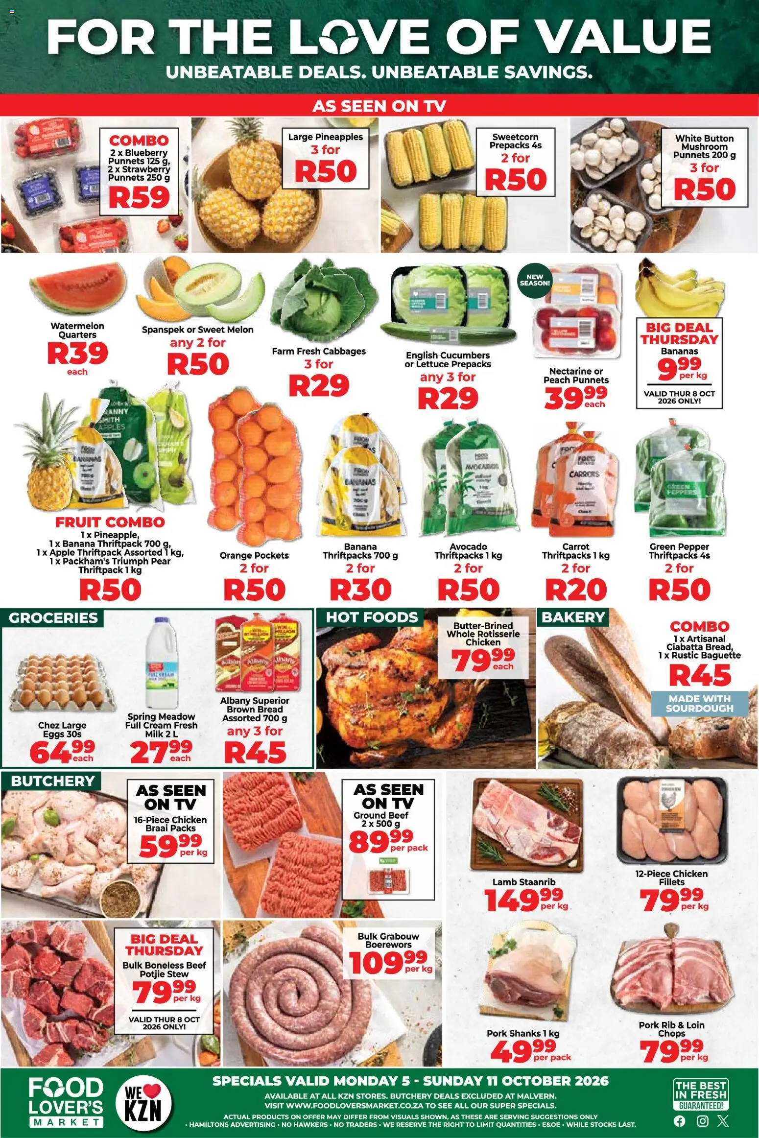 New Food Lover's Market catalogue – valid from 05/10/2026 | Page: 1 | Products: Boerewors, Avocado, Chicken, Beef