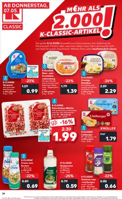 K-CLASSIC Creme zum Kochen, 7 - 15 % Fett je 250-ml-Fl. ab 07.05.2026 gültig | Seite: 24 | Produkte: Essig, Creme, Gewürze, Frischkase