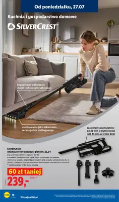 Pogląd oferty "SILVERCREST, Akumulatorowy odkurzacz pionowy, 22,2 V, Odkurzacz pionowy z baterią 22,2 V, pojemność użytkową 350 ml. W zestawie: aluminiowa rura ssąca, dysza szczelinowa i szczotkowa, elektryczna szczotka do podłóg ze światłem LED, szczotka wielofunkcyjna 2 w 1, zasilacz, uchwyt na ścianę z materiałem montażowym i mocowanie na akcesoria." - ważna od 27.07.2026 | Strona: 18